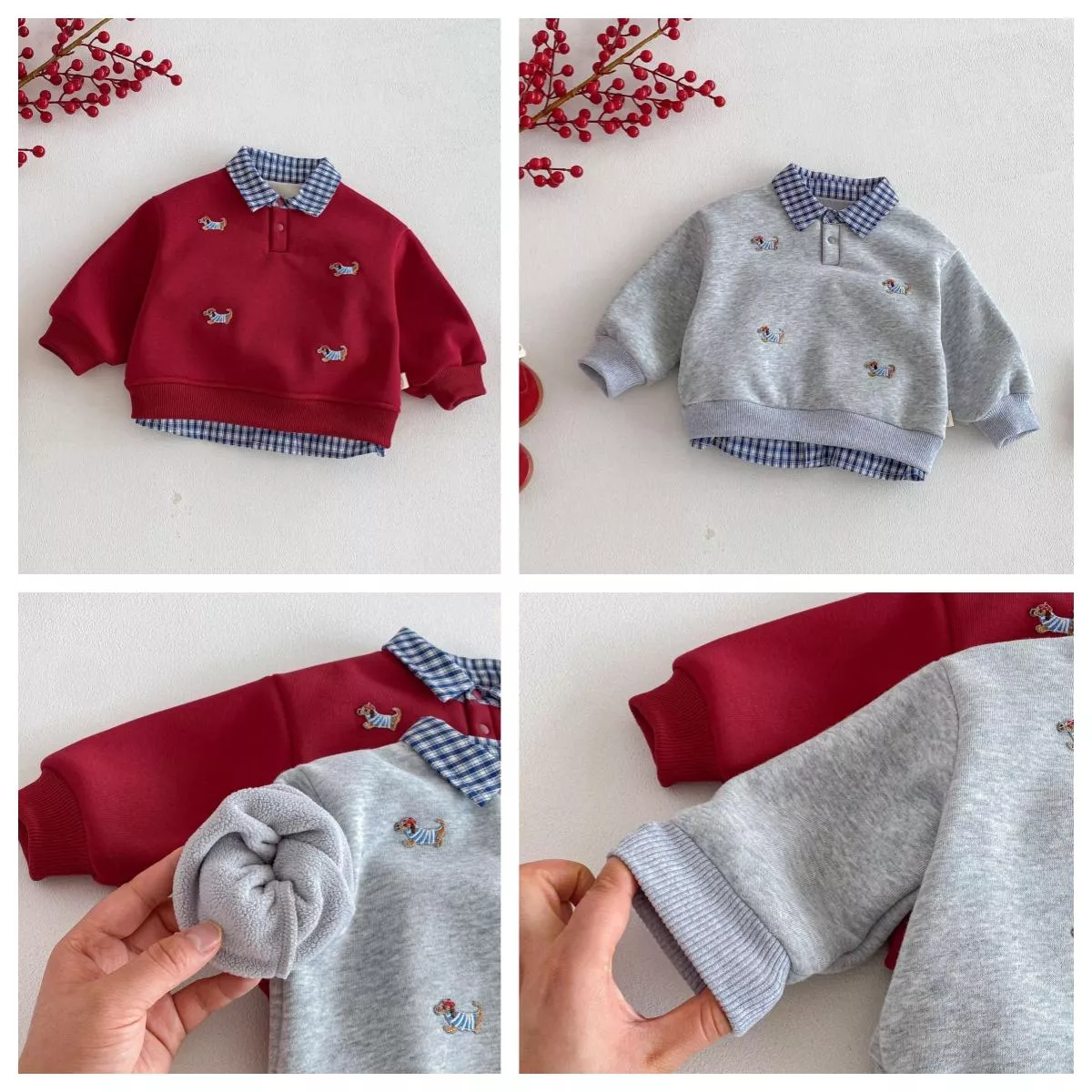 預購 過年款 加絨 假兩件刺繡上衣 (73~120)