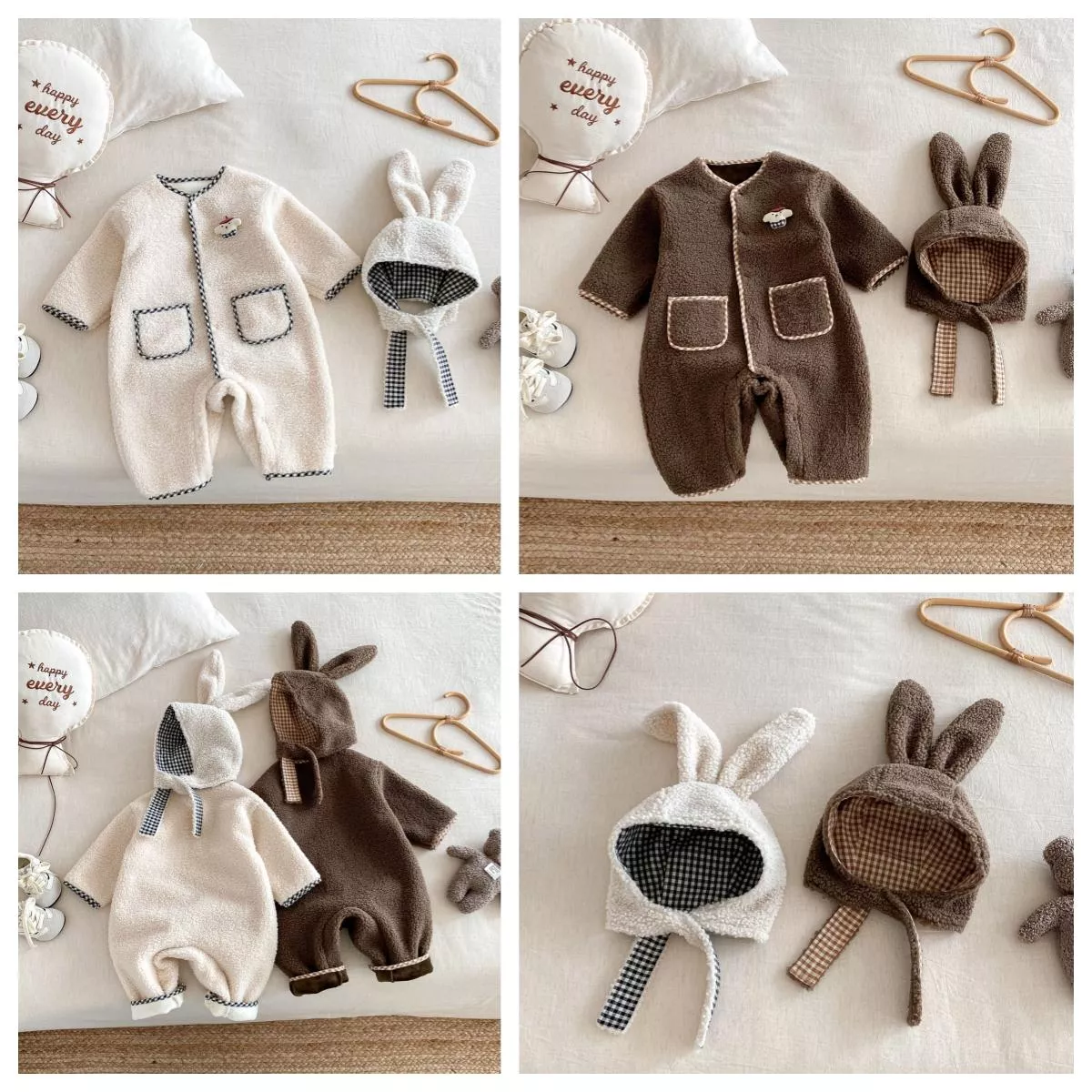 預購 寶寶 軟呼呼顆粒絨連身衣 + 兔兔帽(66~90)