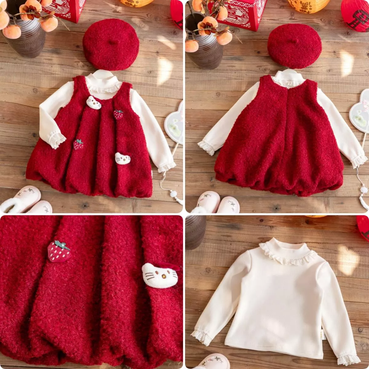 貓貓草莓花苞背心裙 + 木耳邊內搭衣 (80~130)