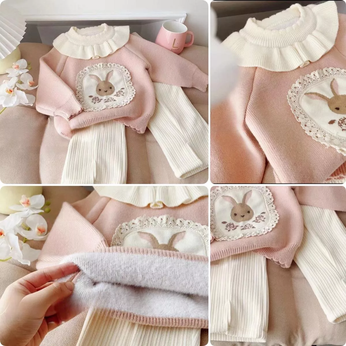 預購 韓系 兔兔大圓花瓣領針織衫 &開岔寬褲 (80~130)