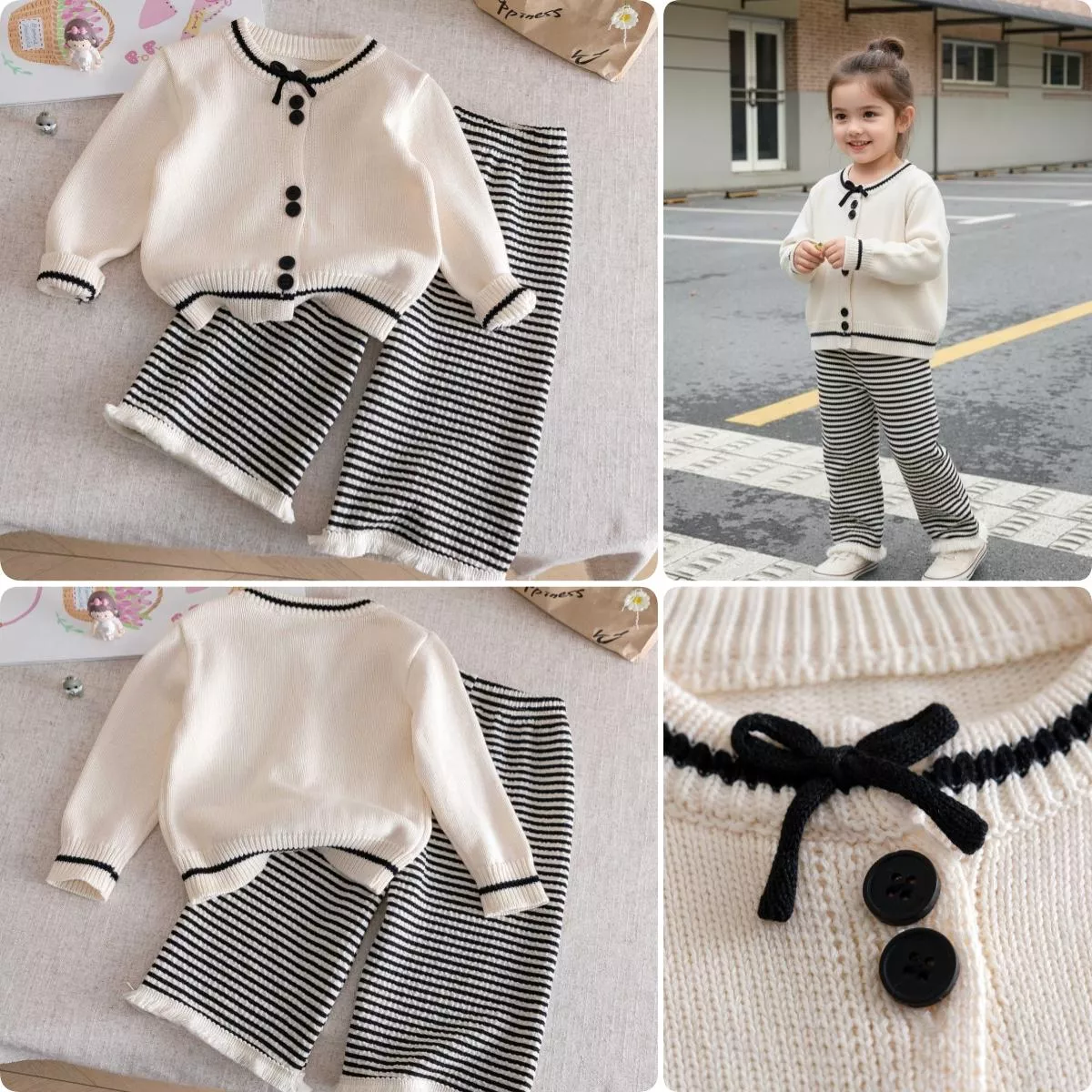 預購 韓系 小蝴蝶結針織外套 & 條紋流蘇寬褲 (80~130)