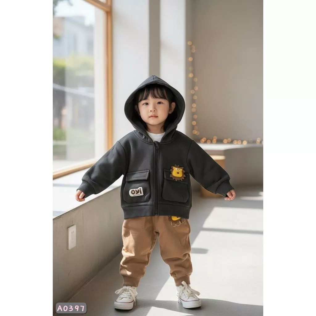 北屯實體店❤現貨 寶寶款 韓版 刷毛立體獅子連帽外套+立體獅子厚棉縮口褲 套裝✩米米童著-A0397