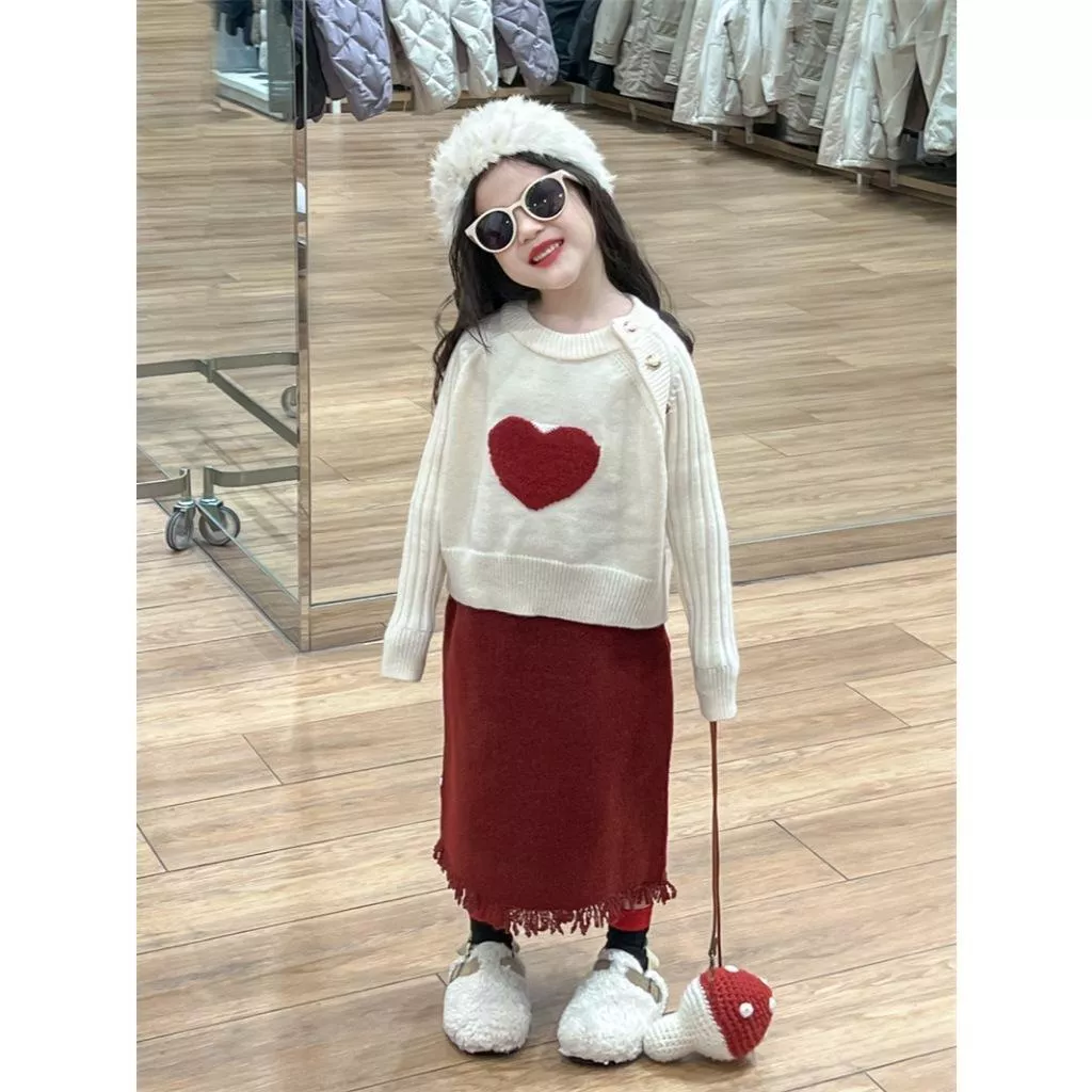 北屯實體店❤現貨 韓版 厚 愛心金釦針織短版上衣 + 愛心流蘇裙 套裝✩米米童著-A0439
