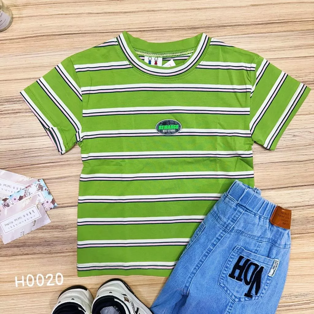 北屯實體店❤現貨 綠條紋軟標籤短袖上衣✩米米童著-H0020