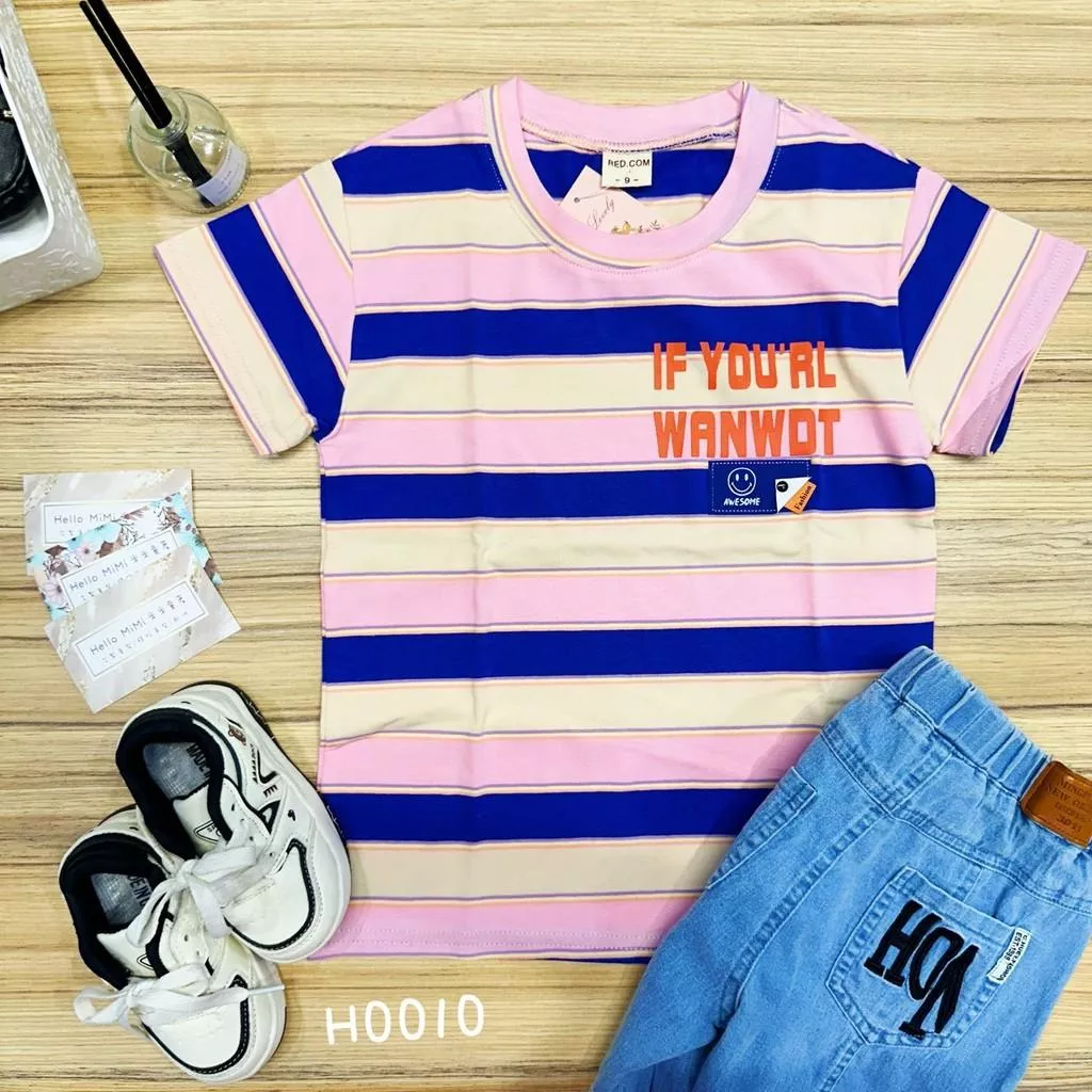 北屯實體店❤現貨 粉藍寬條紋字母短袖上衣✩米米童著-H0010