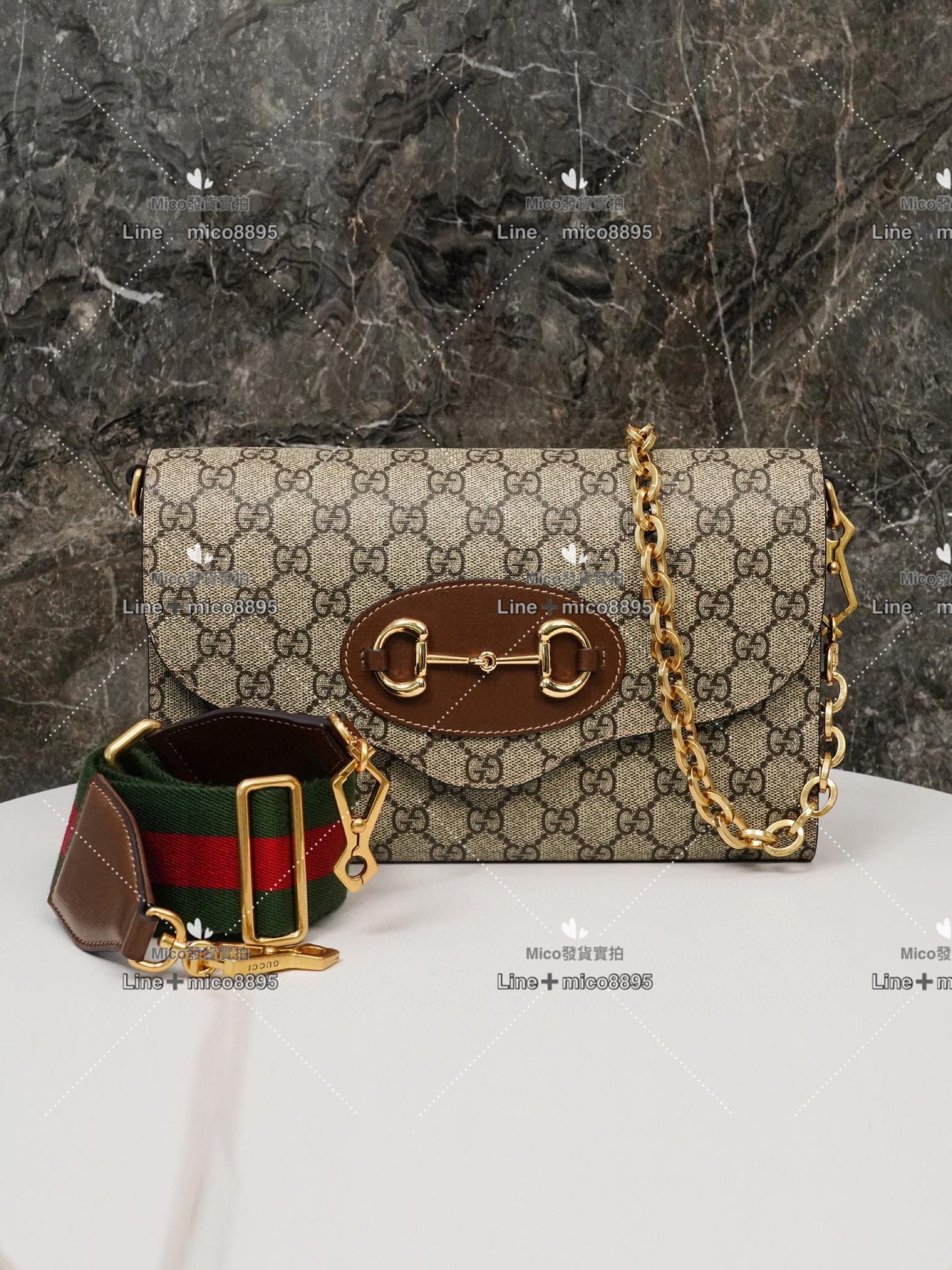 Gucci 馬銜扣1955系列 鏈條信封包 棕色 配寬肩帶 26cm