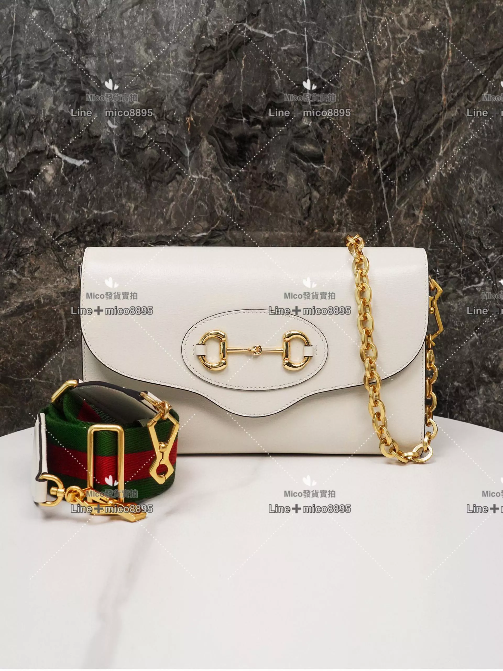 Gucci 馬銜扣1955系列 鏈條信封包 白色 配寬肩帶 26cm