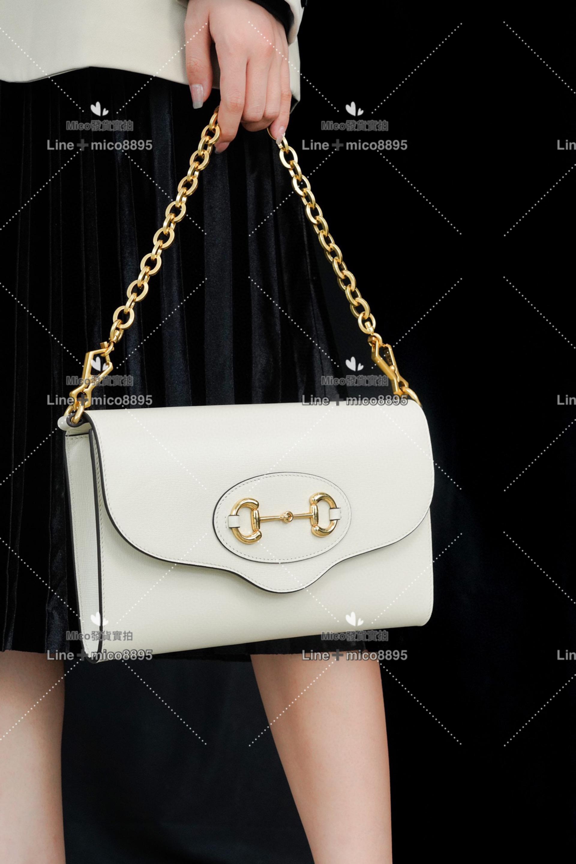 Gucci 馬銜扣1955系列 鏈條信封包 白色 配寬肩帶 26cm