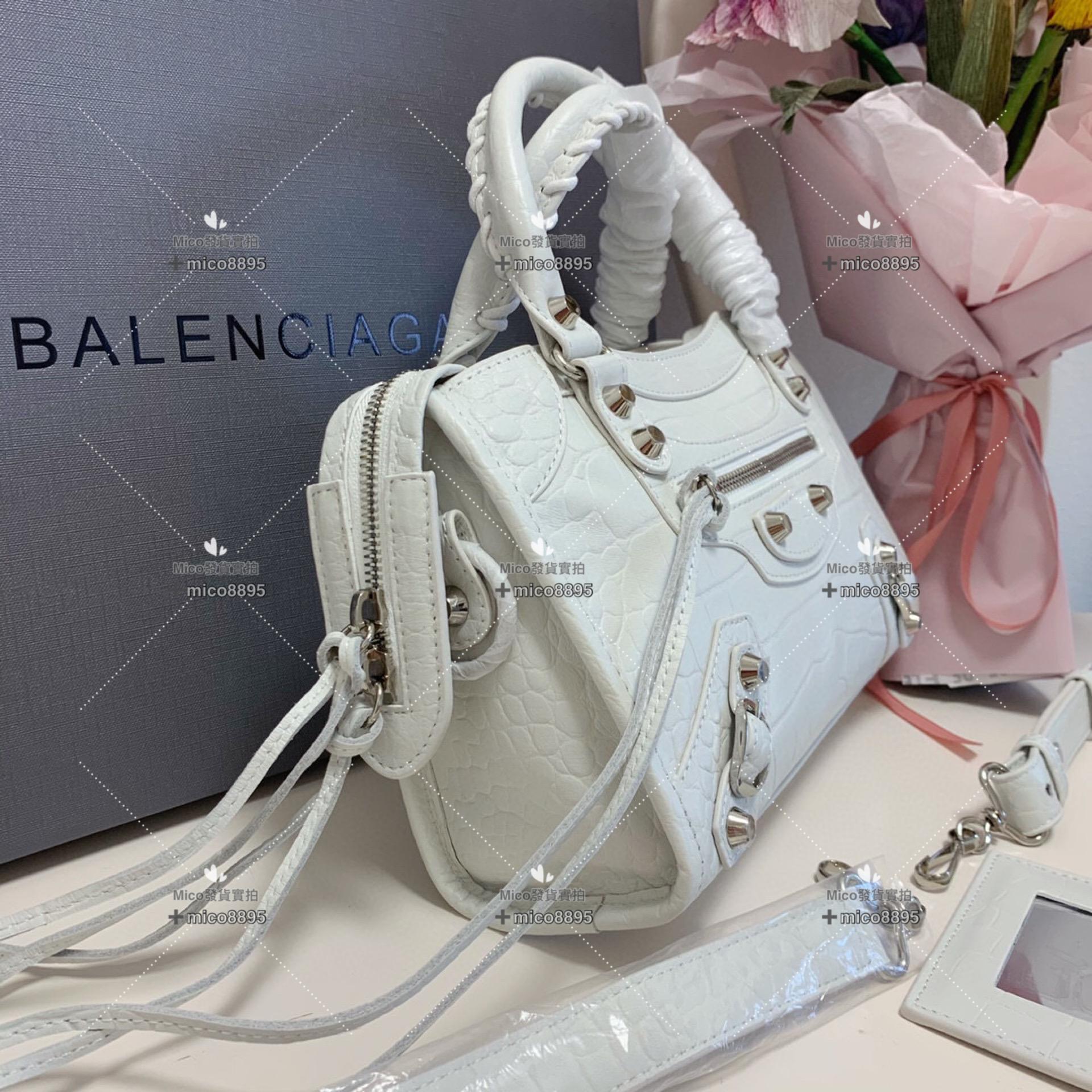 Balenciaga 巴黎世家 經典機車包 鱷魚紋/白色/小號/銀釦 24cm