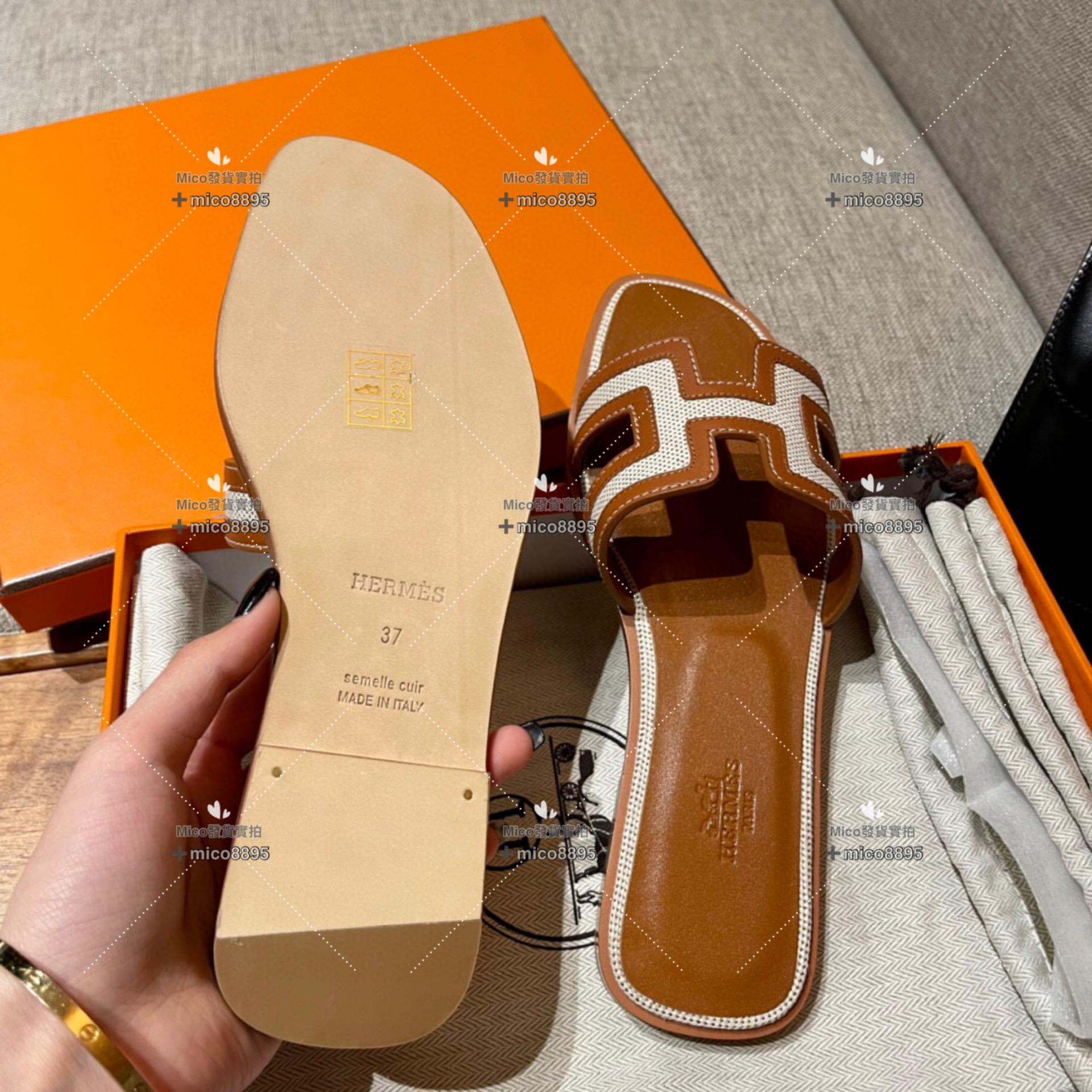 金棕拼 Hermès 愛馬仕 萬年經典 H拖鞋 帆布拼皮 34-40