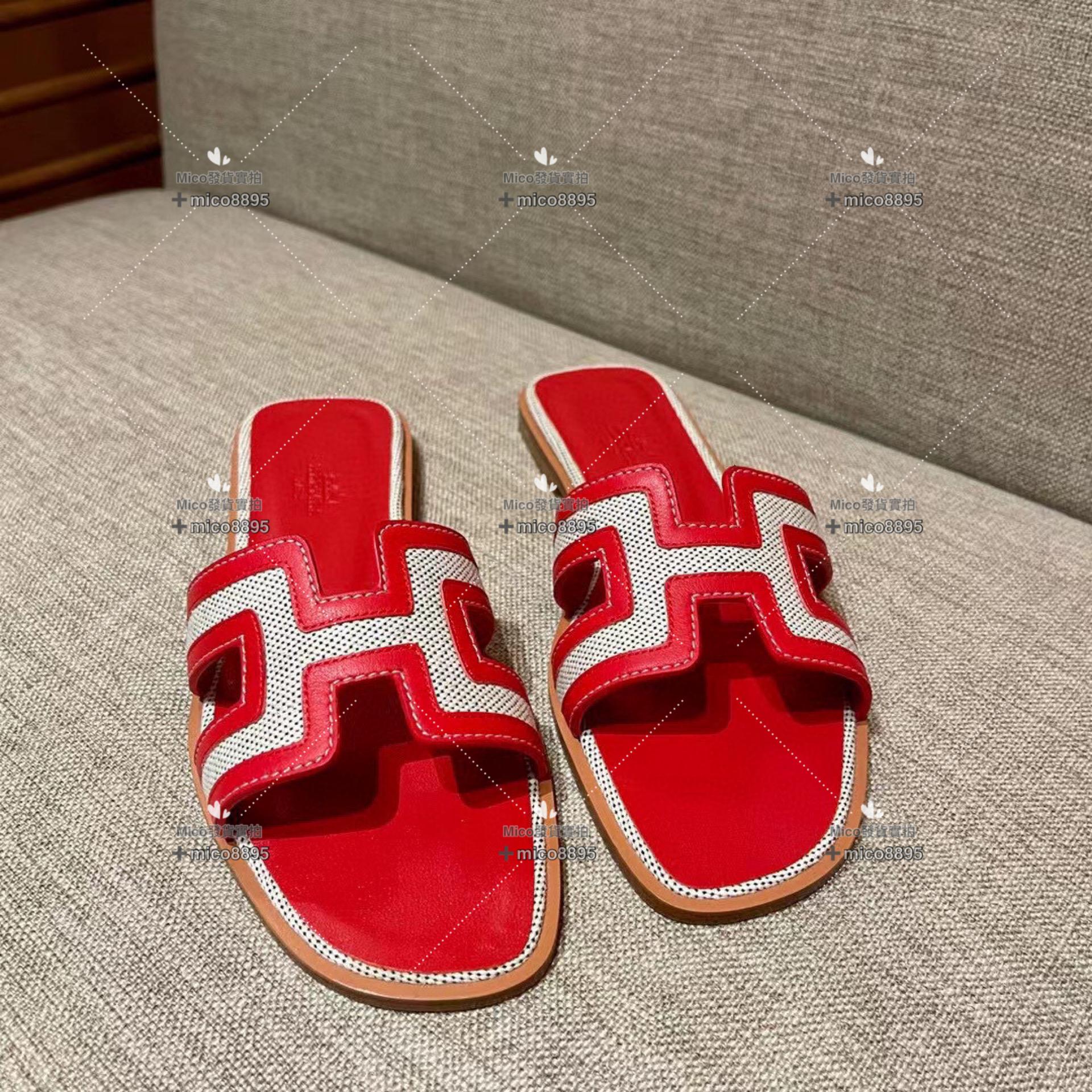 紅拼帆布 Hermès 愛馬仕 萬年經典 H拖鞋 帆布拼皮 34-40