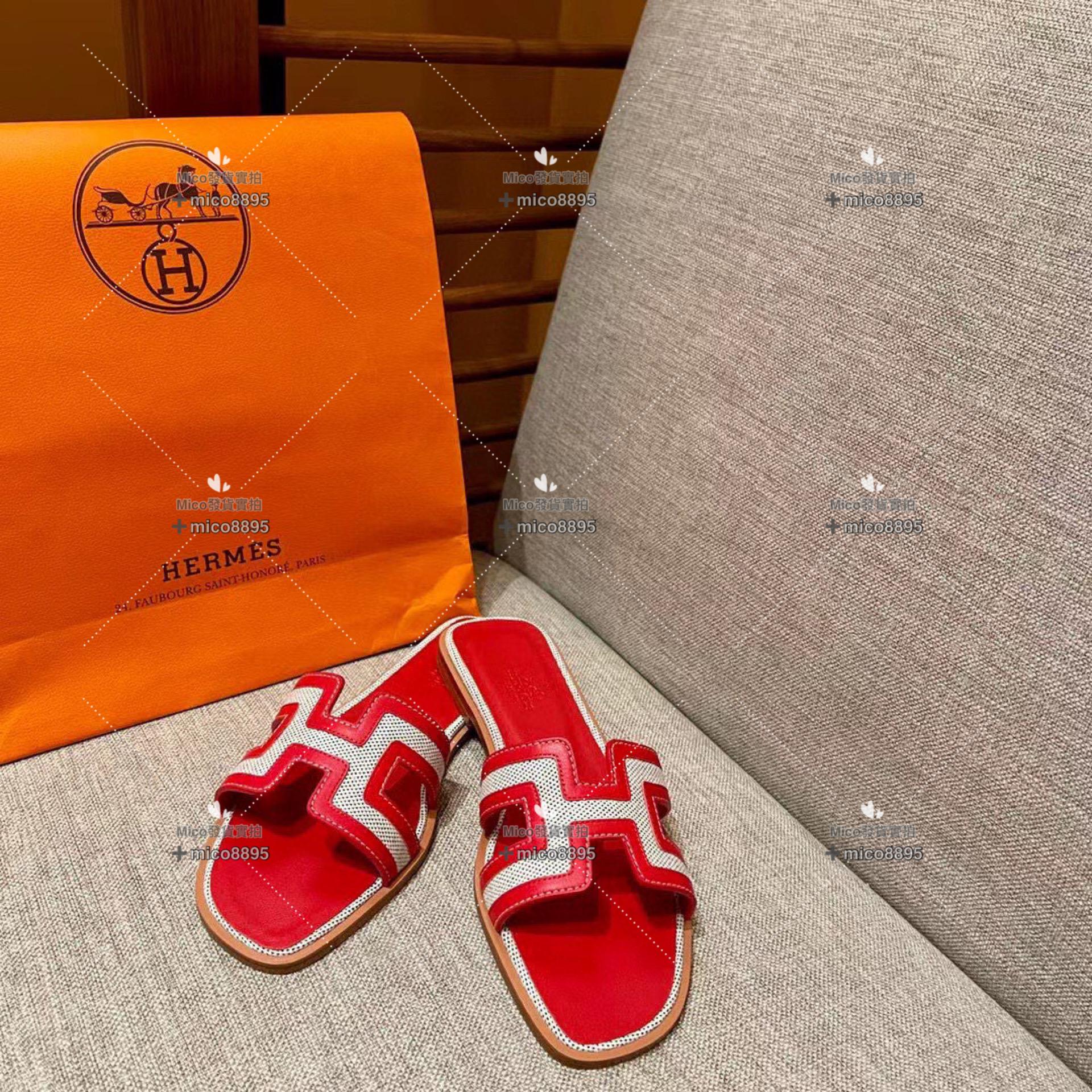 紅拼帆布 Hermès 愛馬仕 萬年經典 H拖鞋 帆布拼皮 34-40