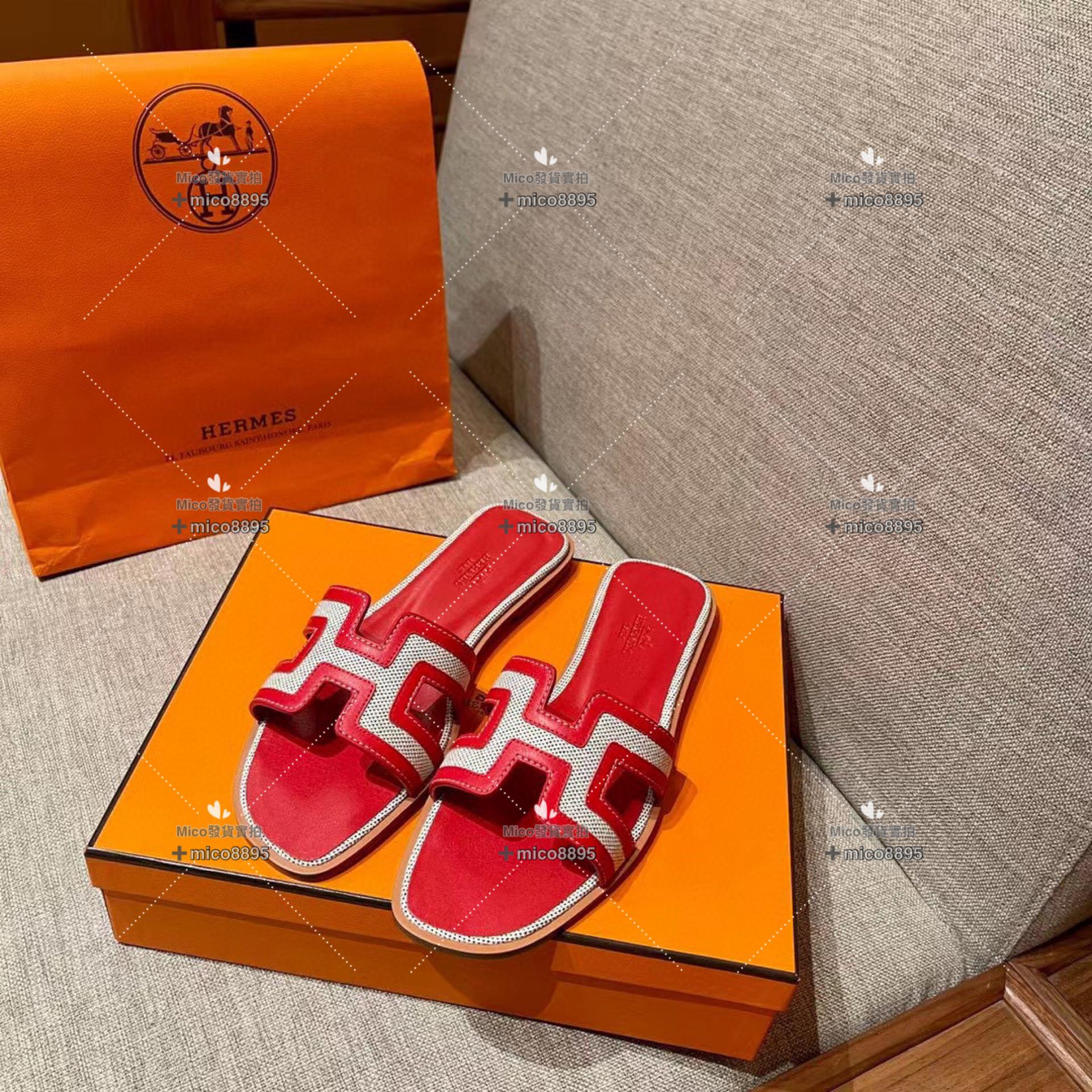 紅拼帆布 Hermès 愛馬仕 萬年經典 H拖鞋 帆布拼皮 34-40