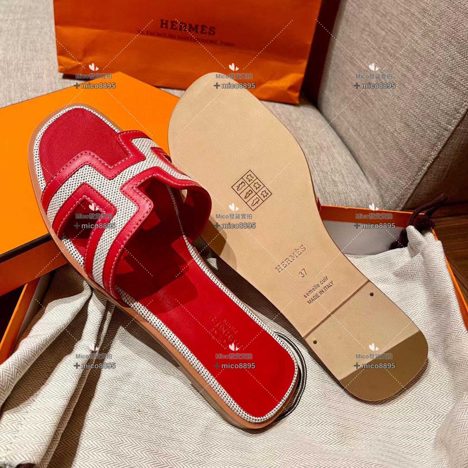 紅拼帆布 Hermès 愛馬仕 萬年經典 H拖鞋 帆布拼皮 34-40