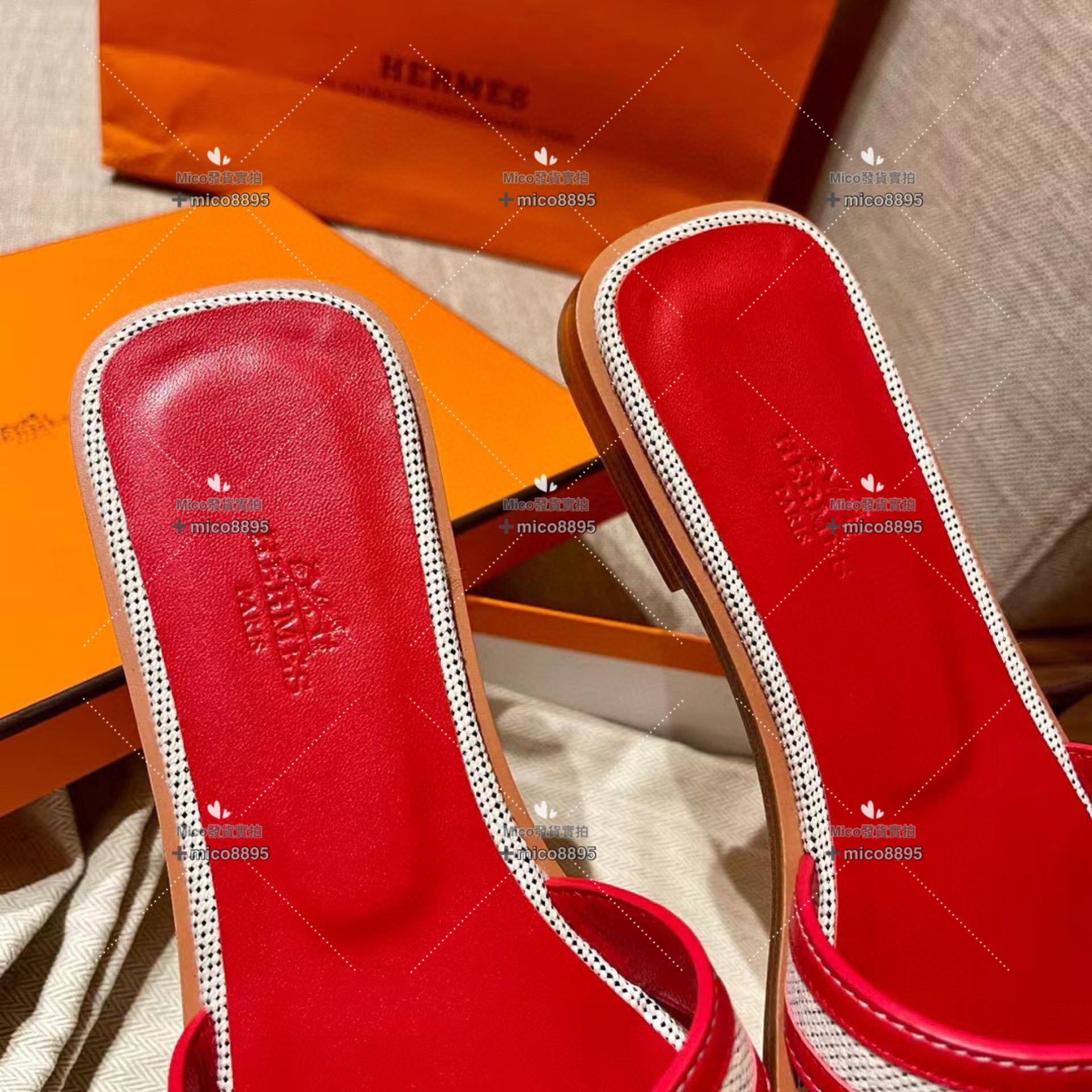 紅拼帆布 Hermès 愛馬仕 萬年經典 H拖鞋 帆布拼皮 34-40