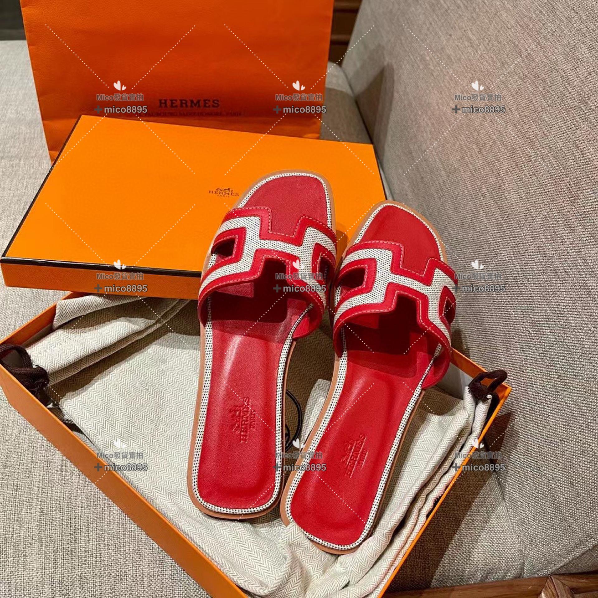 紅拼帆布 Hermès 愛馬仕 萬年經典 H拖鞋 帆布拼皮 34-40