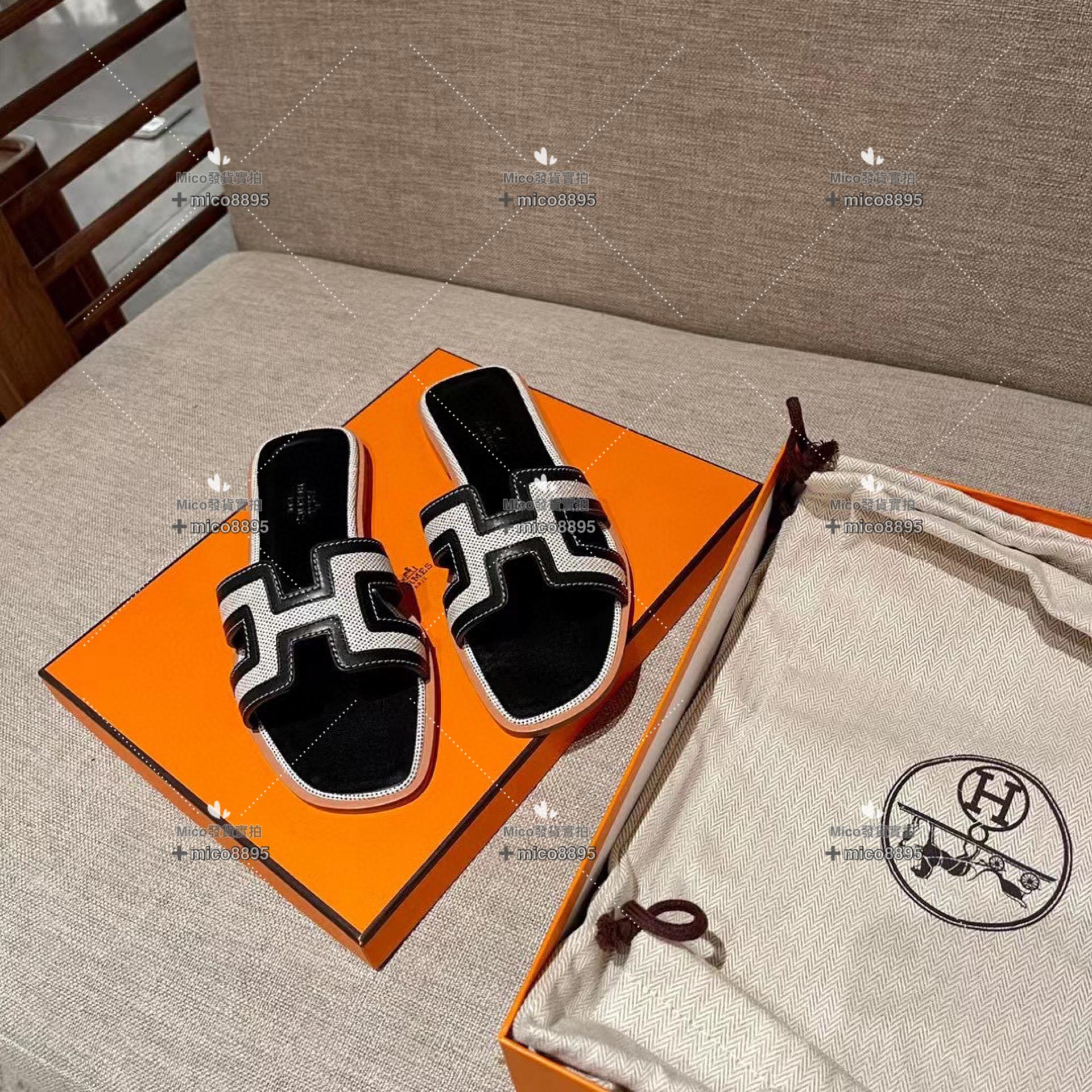 黑拼 Hermès 愛馬仕 萬年經典 H拖鞋 帆布拼皮 34-40