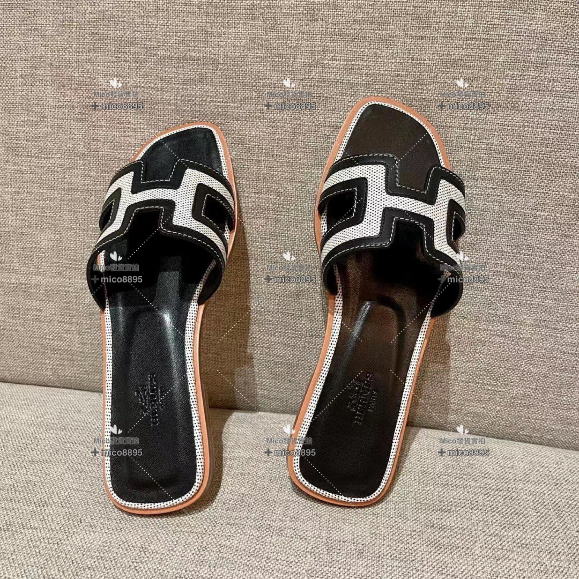 黑拼 Hermès 愛馬仕 萬年經典 H拖鞋 帆布拼皮 34-40