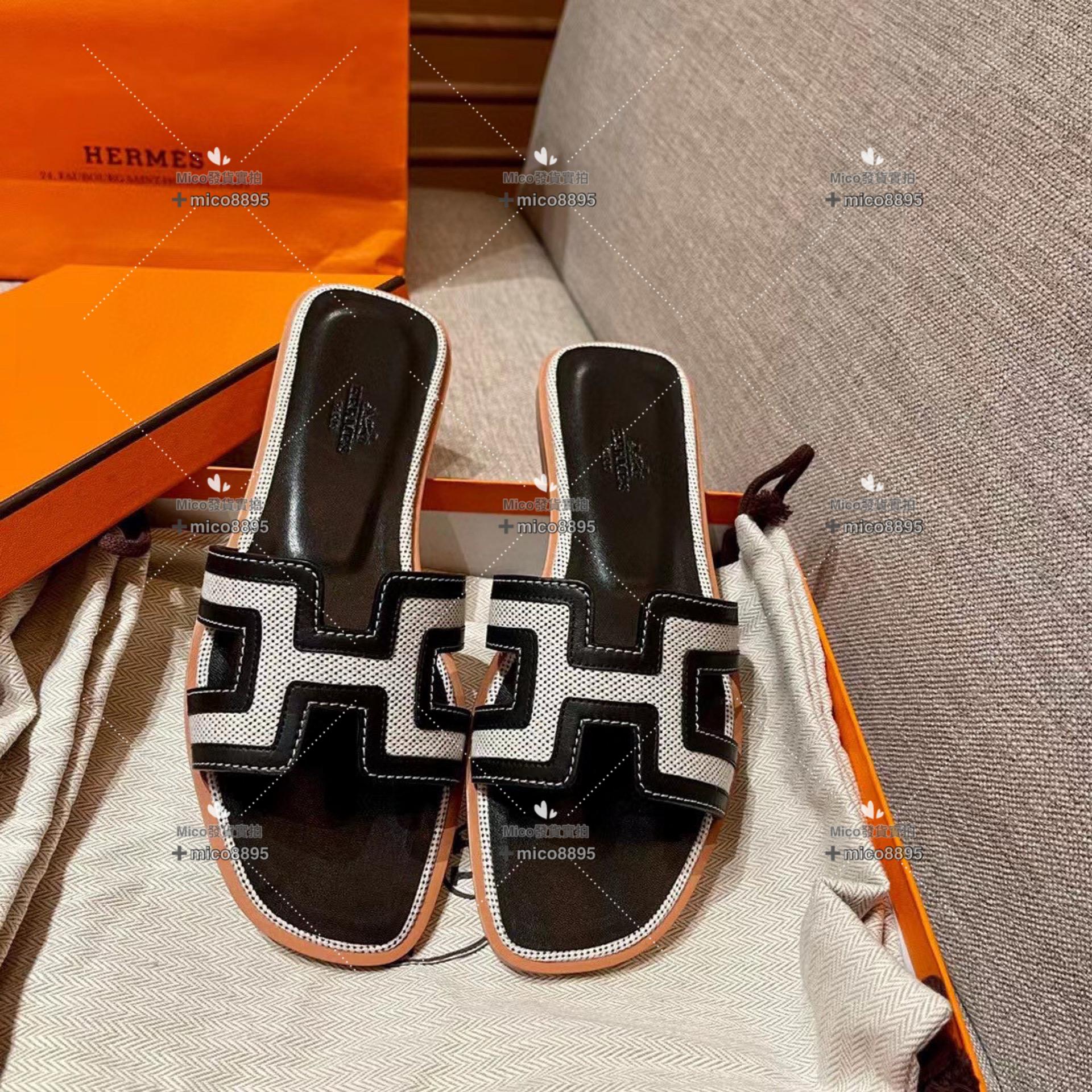 黑拼 Hermès 愛馬仕 萬年經典 H拖鞋 帆布拼皮 34-40