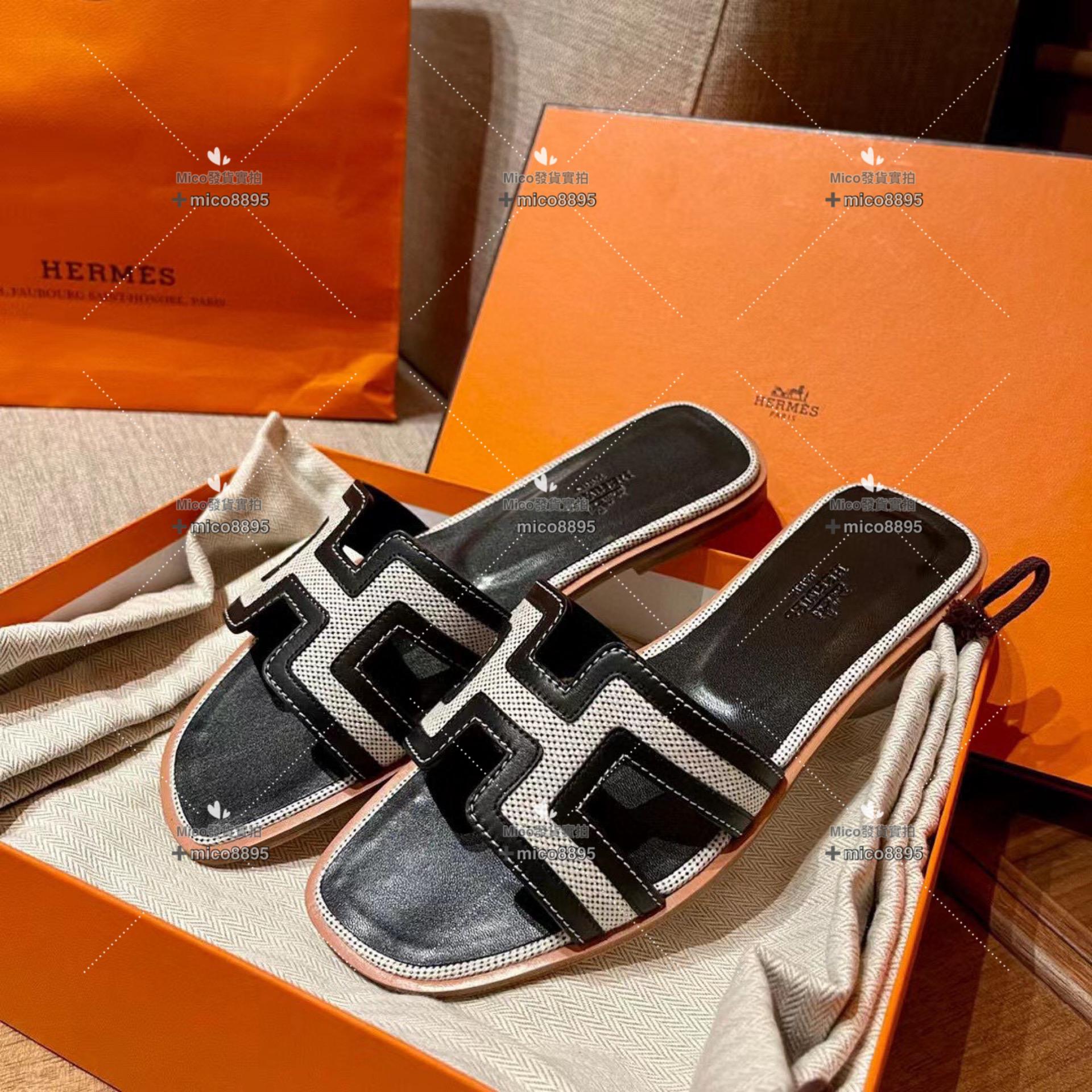 黑拼 Hermès 愛馬仕 萬年經典 H拖鞋 帆布拼皮 34-40