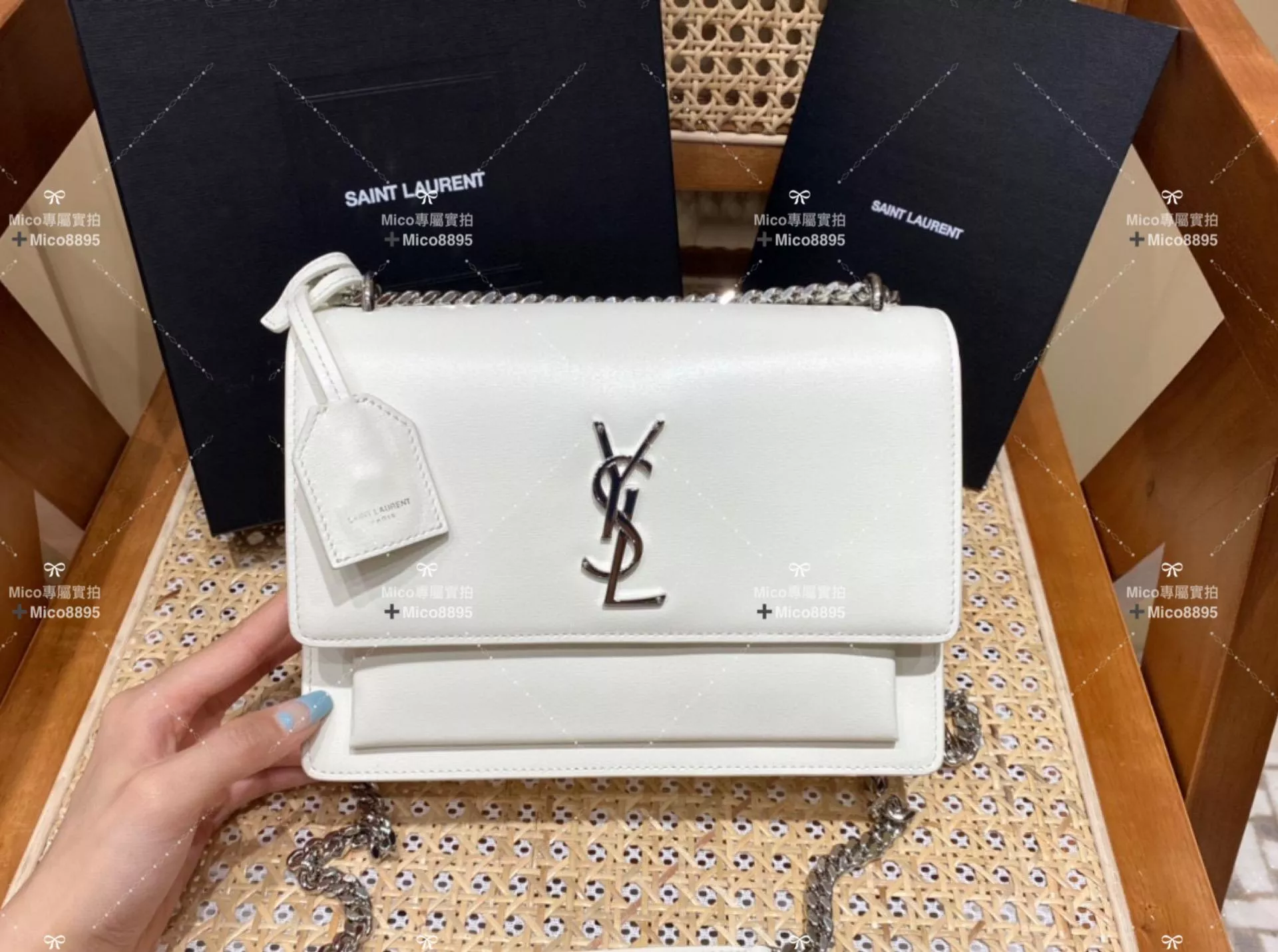 YSL 經典款 牙簽紋 sunset日落包 #白色牛皮/銀釦