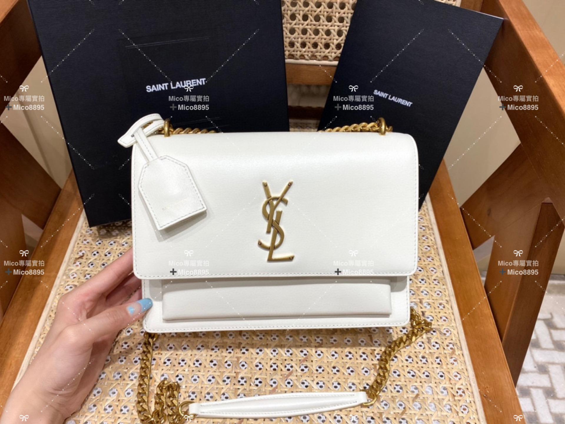 YSL 經典款 牙簽紋 sunset日落包 #白色牛皮/金釦 22Cm