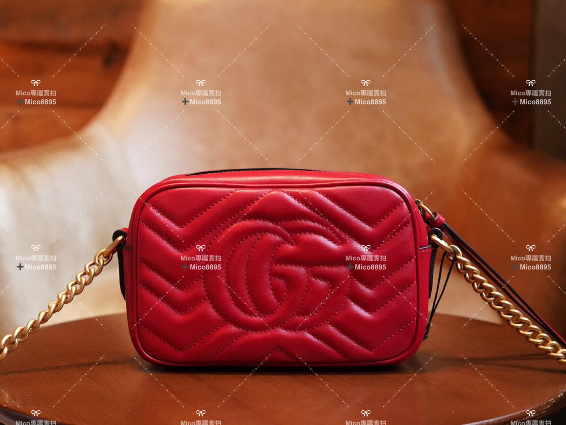 GUCCI GG Marmont系列 紅色牛皮 山字車紋 拉鍊肩背包 18cm