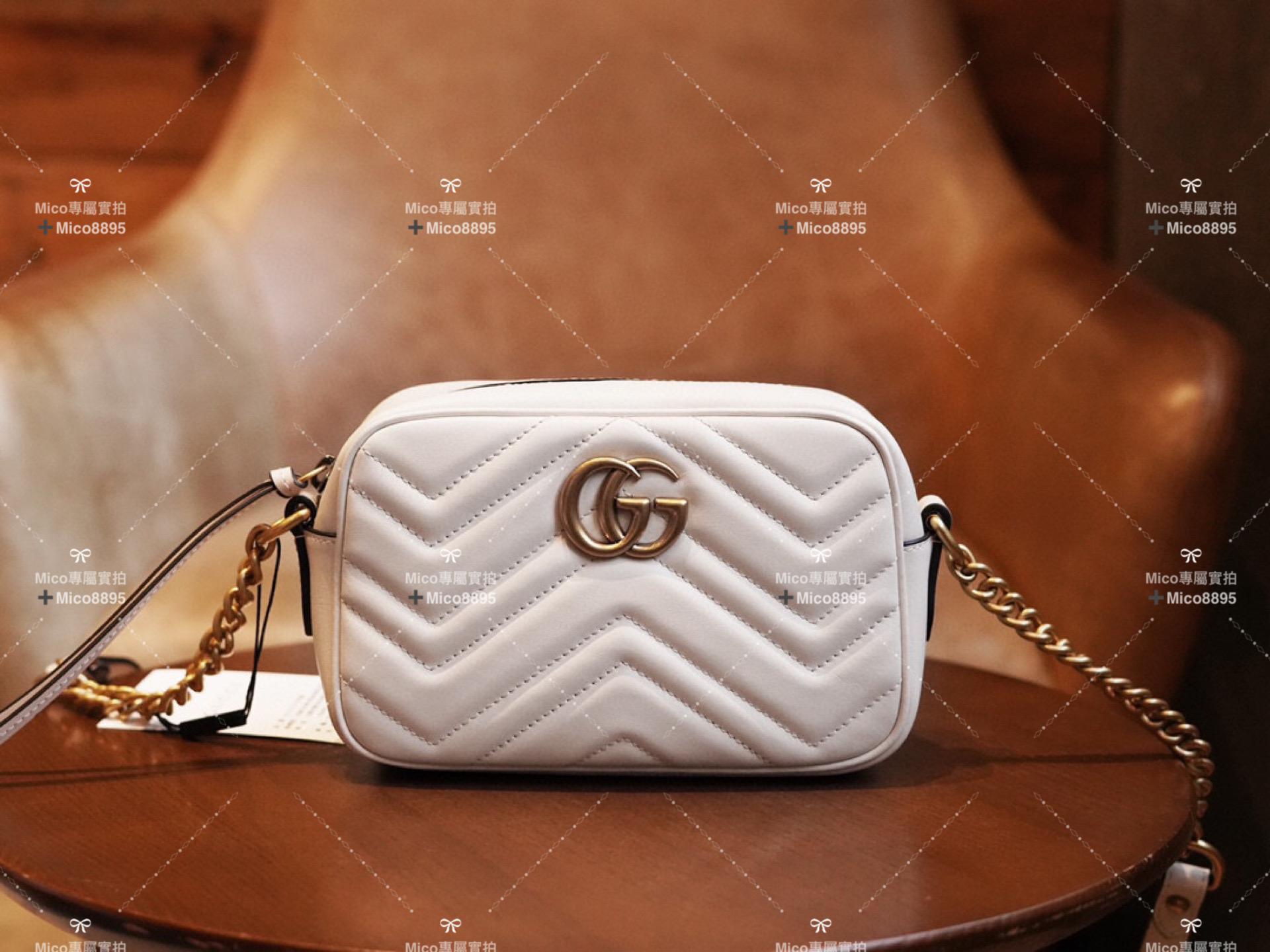 GUCCI GG Marmont系列 白色牛皮 山字車紋 拉鍊肩背包 18cm