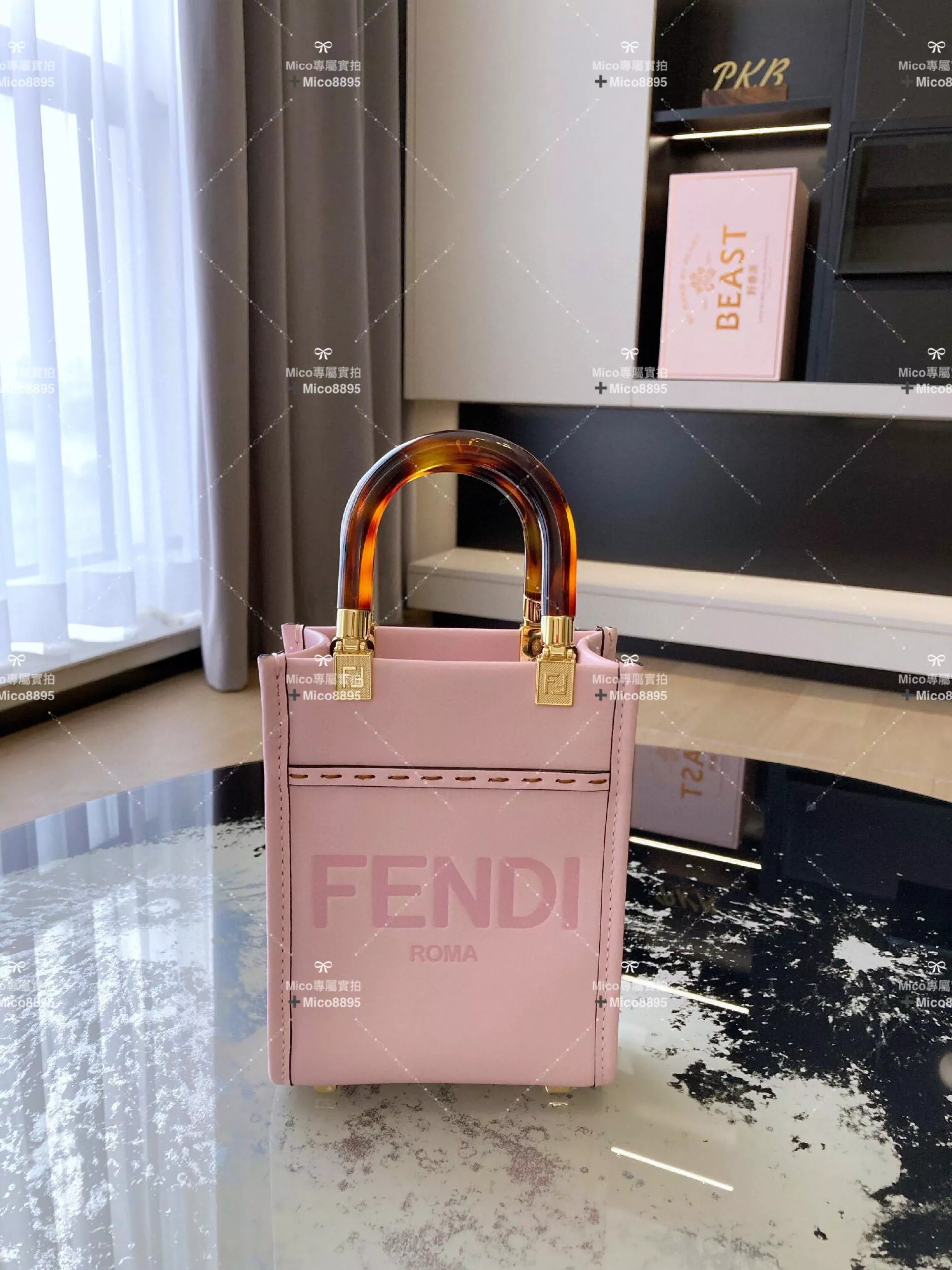 Fendi 迷你款式 粉色 玳瑁手柄 Sunshine手提包 斜跨包