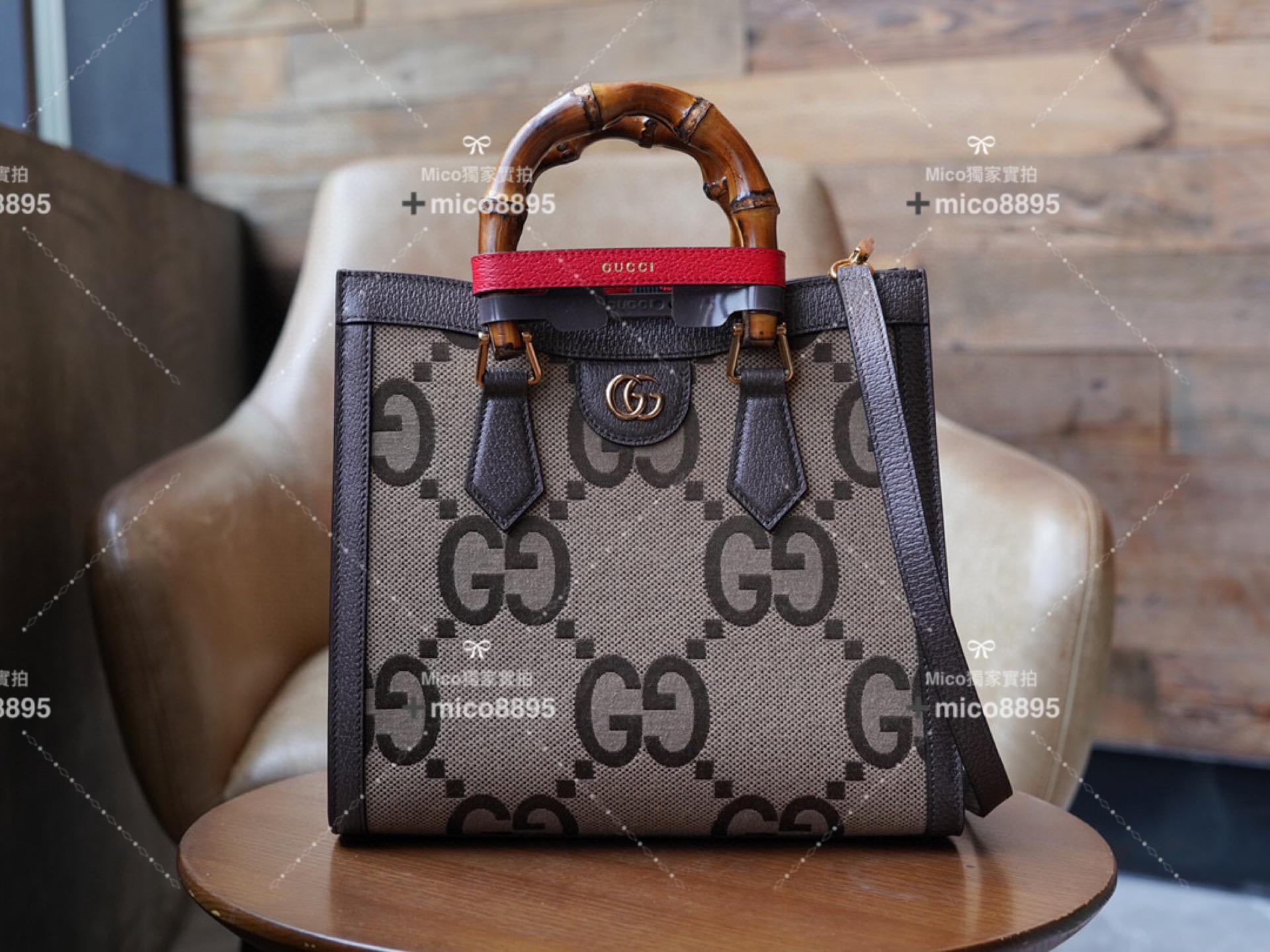 Gucci 𝐃𝐢𝐚𝐧𝐚竹節系列 駝色和烏木色雙G圖案帆布托特包 小號27cm