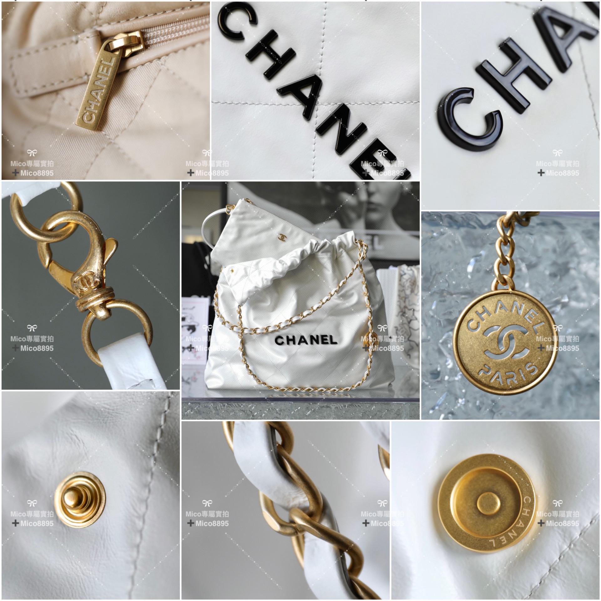 Chanel 22Bag 白底/黑字 牛皮 購物袋/肩背包 中號 尺寸：𝟹𝟿*𝟺𝟸*𝟾 𝚌𝚖