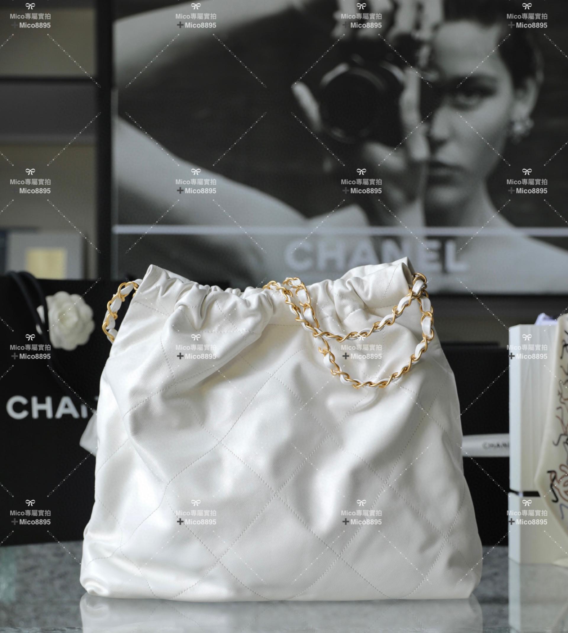 Chanel 22Bag 白底金字/牛皮 購物袋/肩背包 中號 尺寸：𝟹𝟿*𝟺𝟸*𝟾 𝚌𝚖