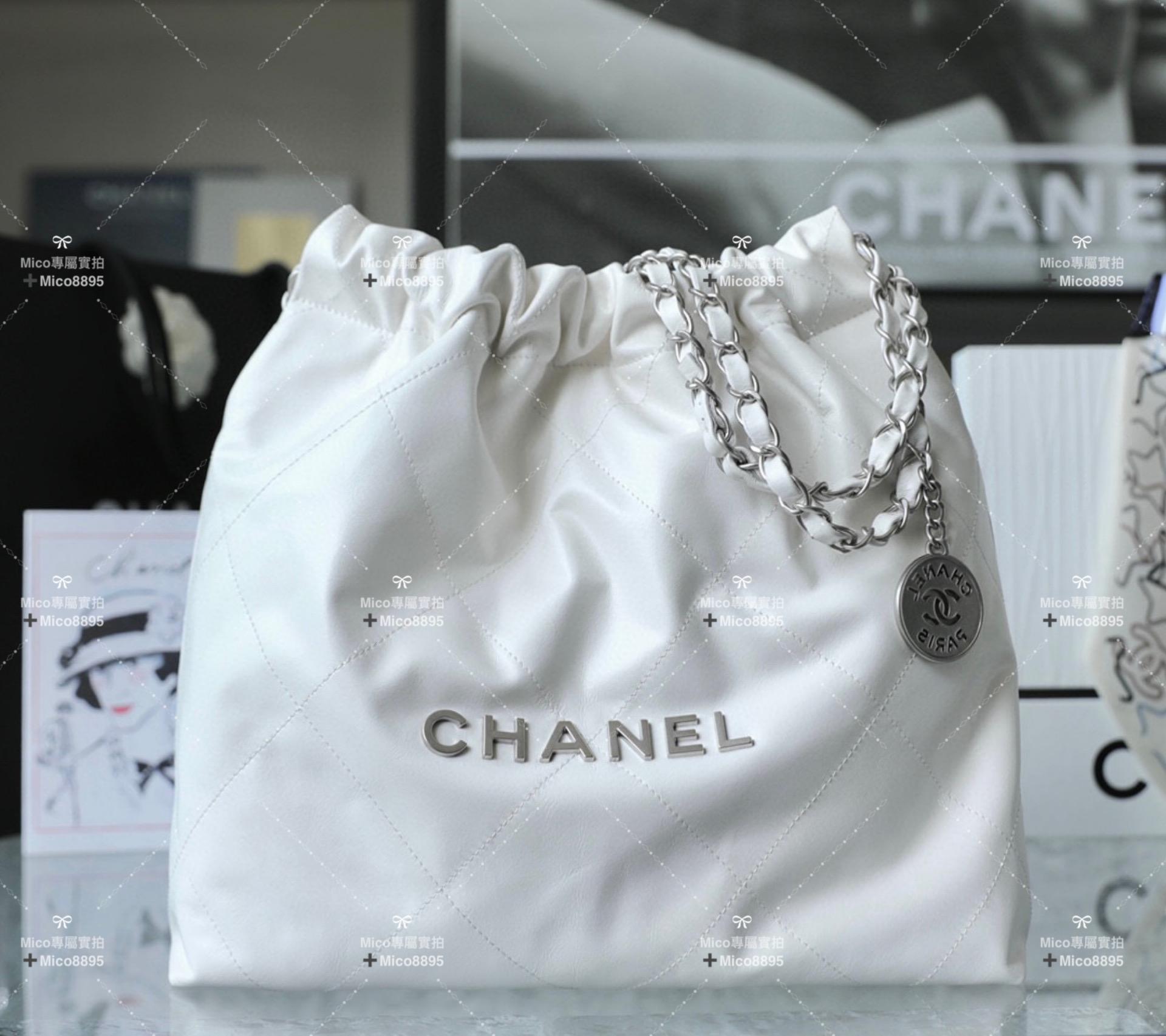 Chanel 22Bag 白色牛皮/銀釦 購物袋/肩背包 中號 尺寸：𝟹𝟿*𝟺𝟸*𝟾 𝚌𝚖