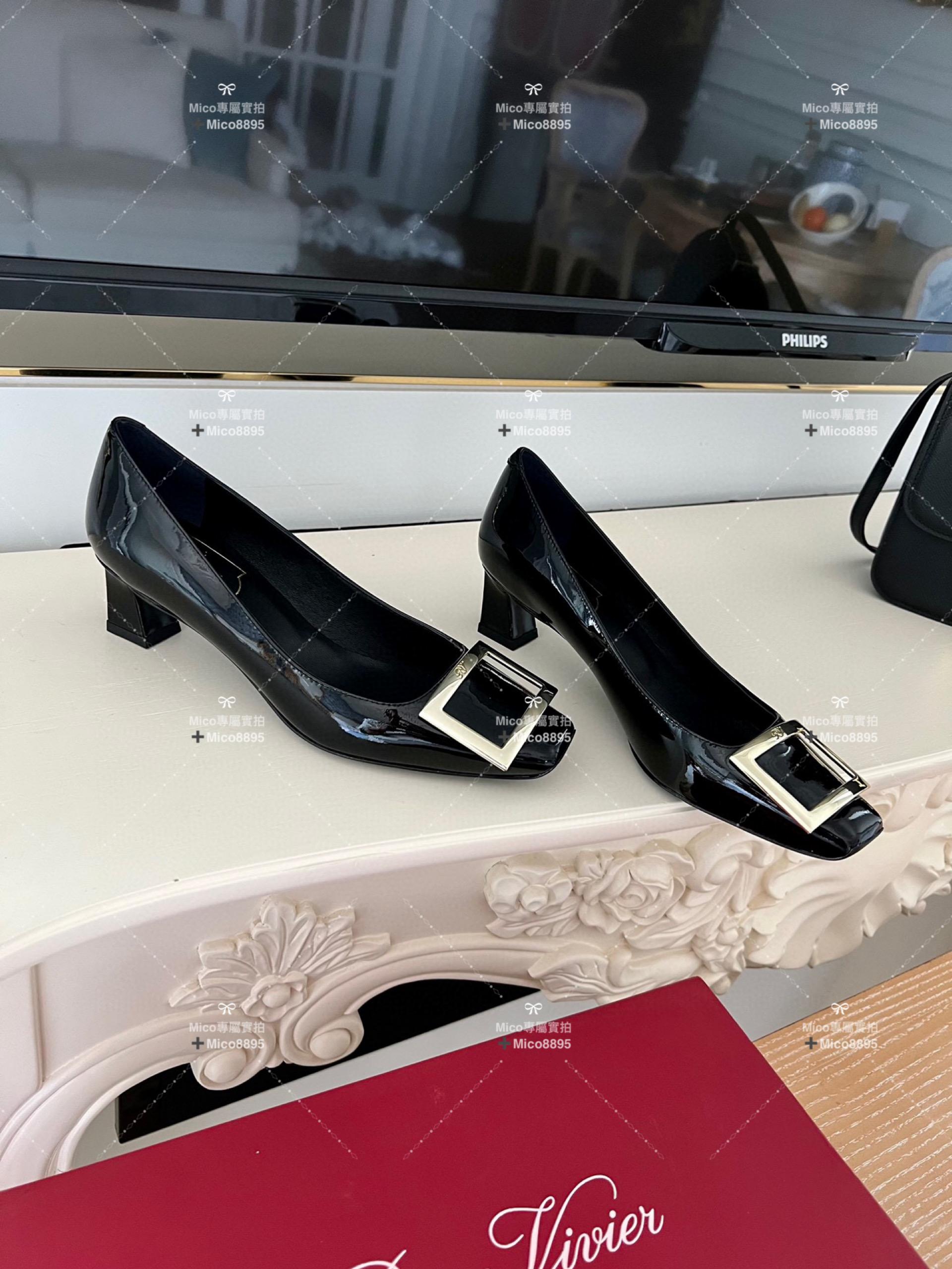 Roger vivier 黑色漆皮/經典款中跟 喇叭跟 漆皮高跟鞋 跟高4.5cm 碼數35-39