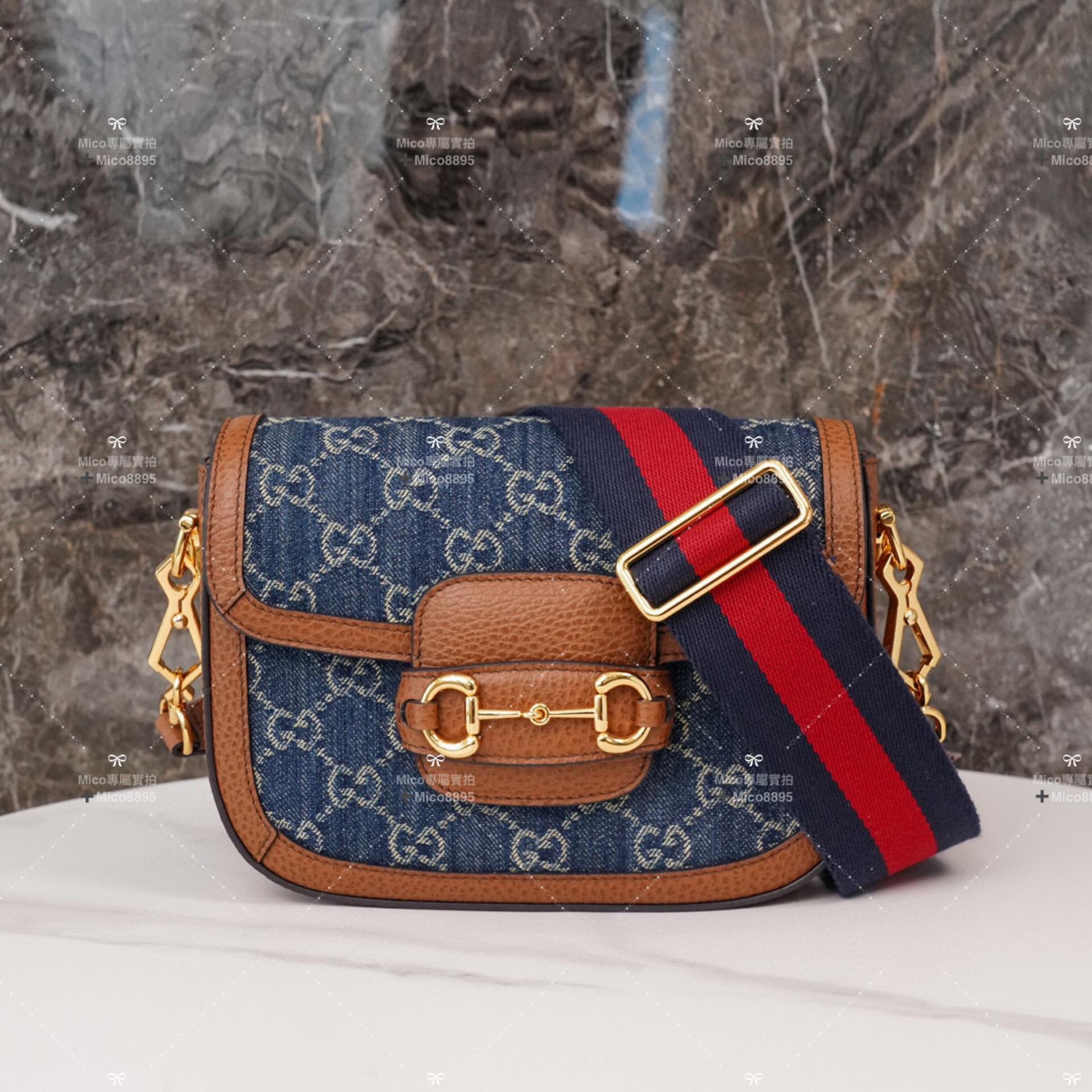 GUCCI 牛仔丹寧 藍色老花馬銜扣1955 迷你手袋 可拆卸肩帶 20cm