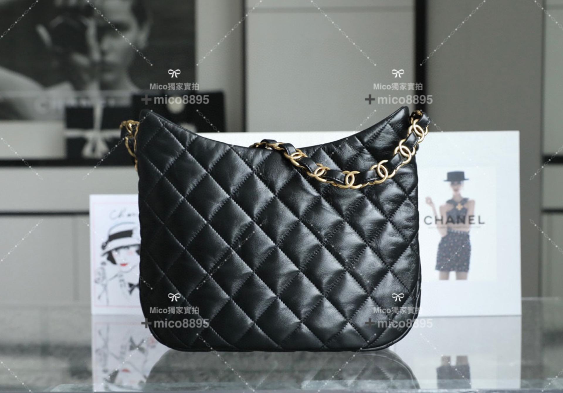 Chanel 22K系列 復古黑金CC鏈條Hobo腋下包 大號 嬉皮包 小羊皮 黑色 26cm