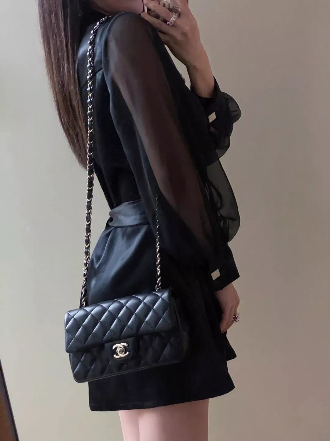 Chanel 黑色羊皮 銀釦 「Classic Flap」經典口蓋包 miniCF 20cm