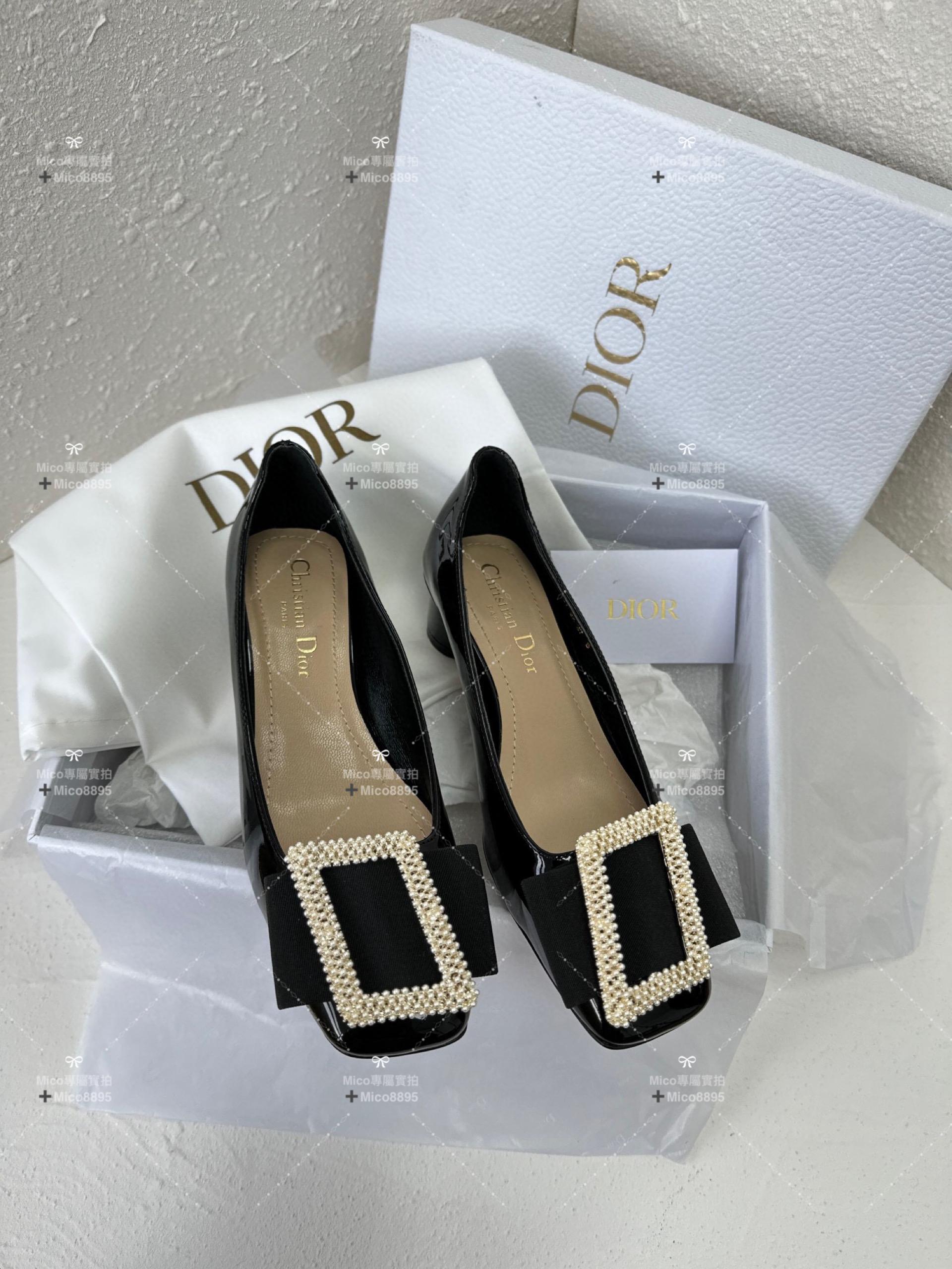 Dior x Roger Vivier 秋冬合作款 瑪麗珍方頭低跟鞋 漆皮黑/珍珠釦 4.5cm 碼35-40