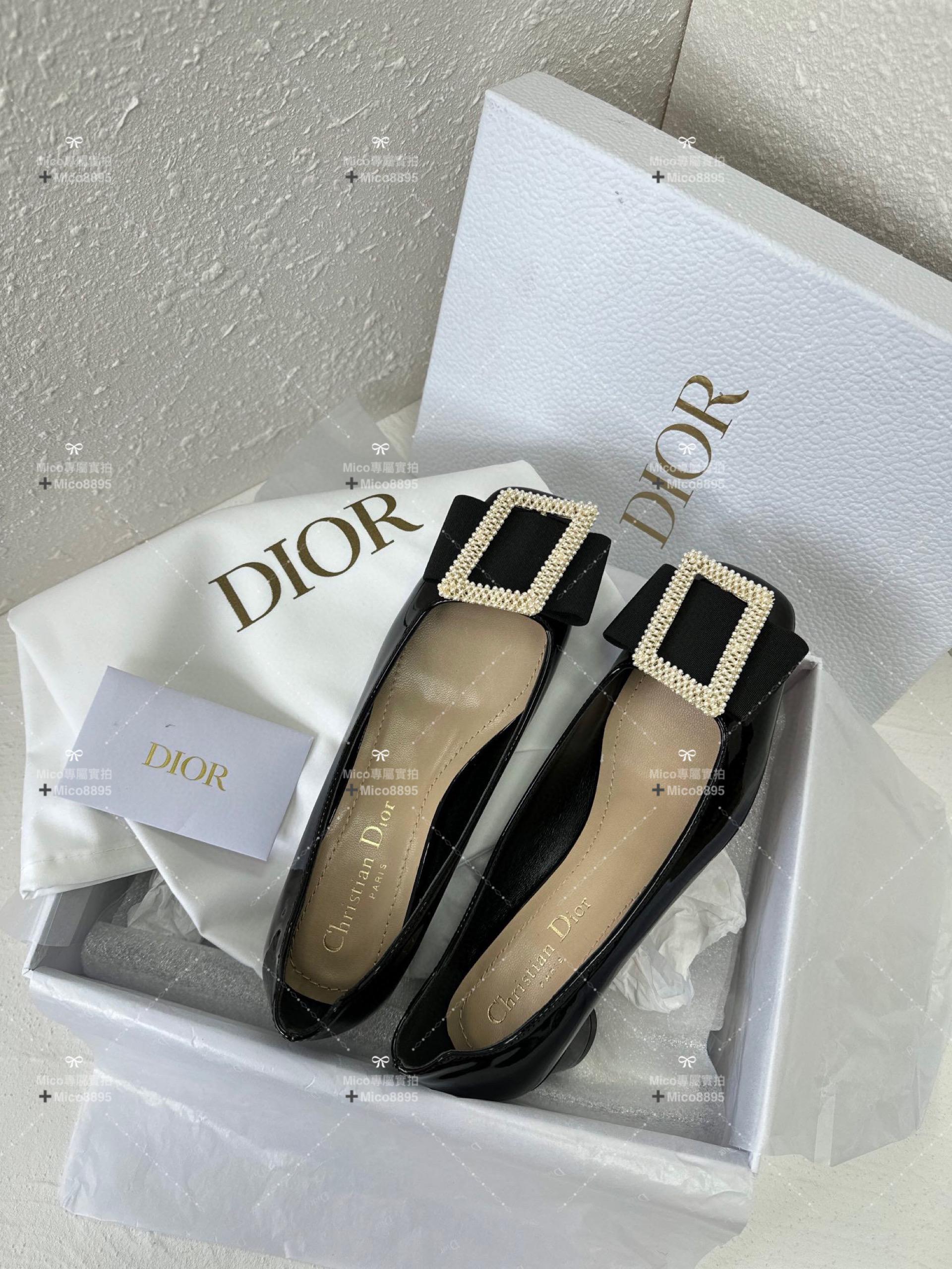 Dior x Roger Vivier 秋冬合作款 瑪麗珍方頭低跟鞋 漆皮黑/珍珠釦 4.5cm 碼35-40