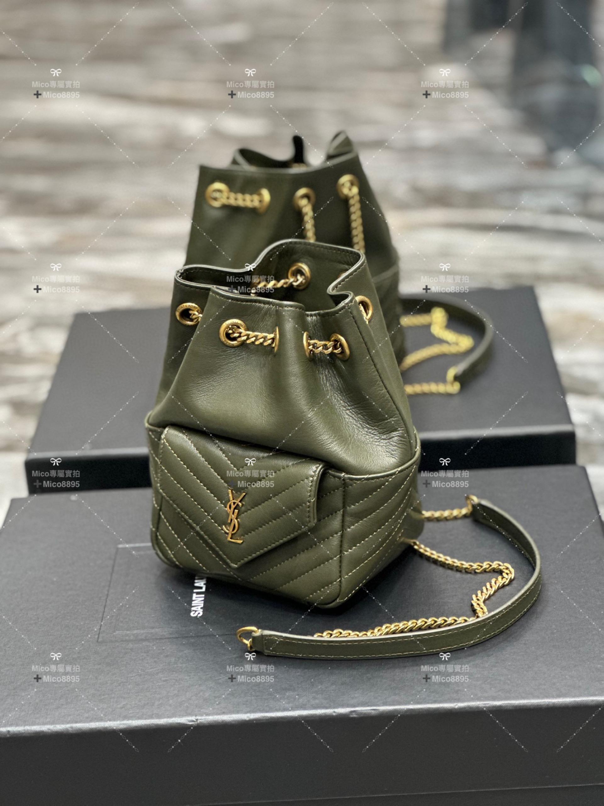 YSL Saint Laurent Joe系列 迷你皮革單肩包 水桶包 軍綠色/羊皮 19cm