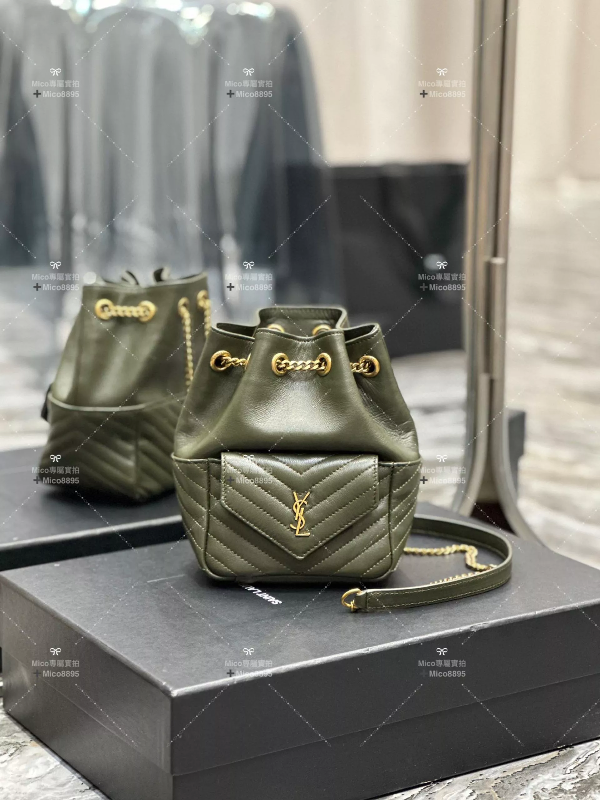 YSL Saint Laurent Joe系列 迷你皮革單肩包 水桶包 軍綠色/羊皮 19cm