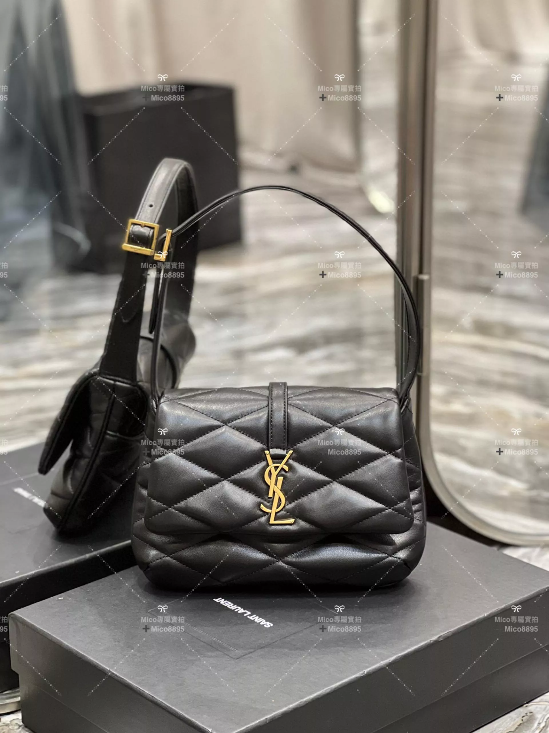 YSL Saint Laurent LE 57系列 黑色 小羊皮絎縫腋下包/肩背包 24cm