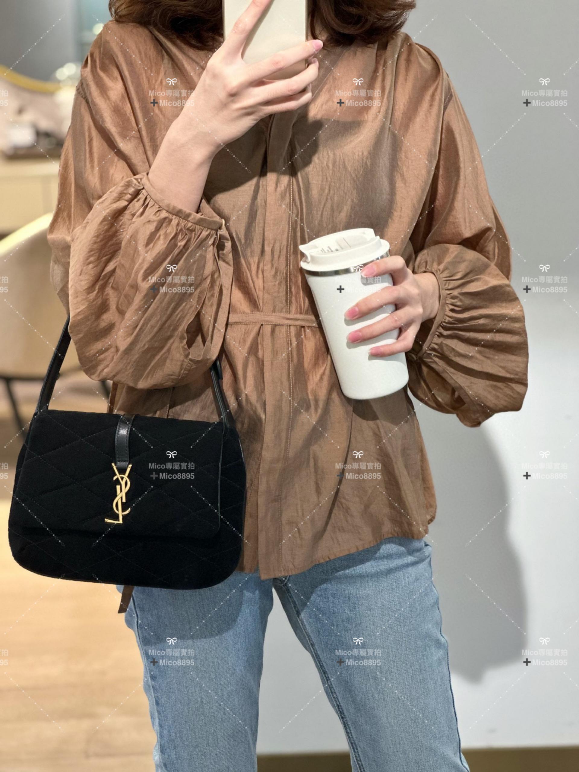 YSL Saint Laurent LE 57系列 布面黑拼內裡小羊皮 絎縫腋下包/肩背包 24cm