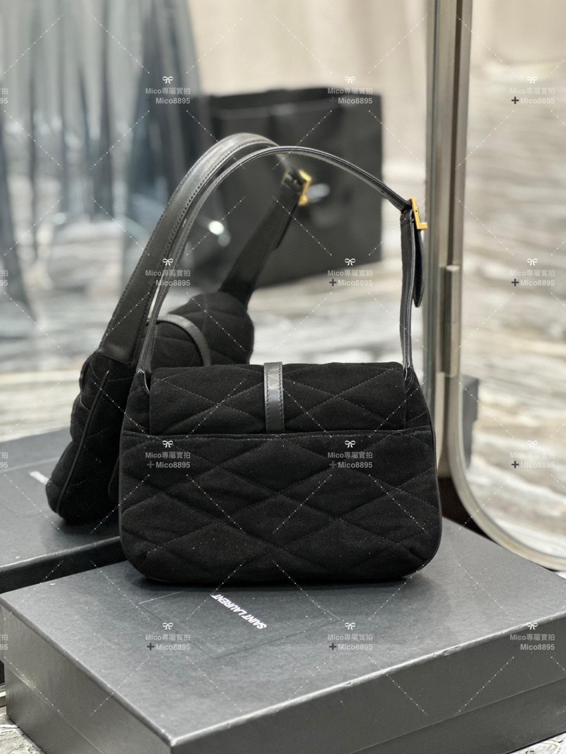 YSL Saint Laurent LE 57系列 布面黑拼內裡小羊皮 絎縫腋下包/肩背包 24cm