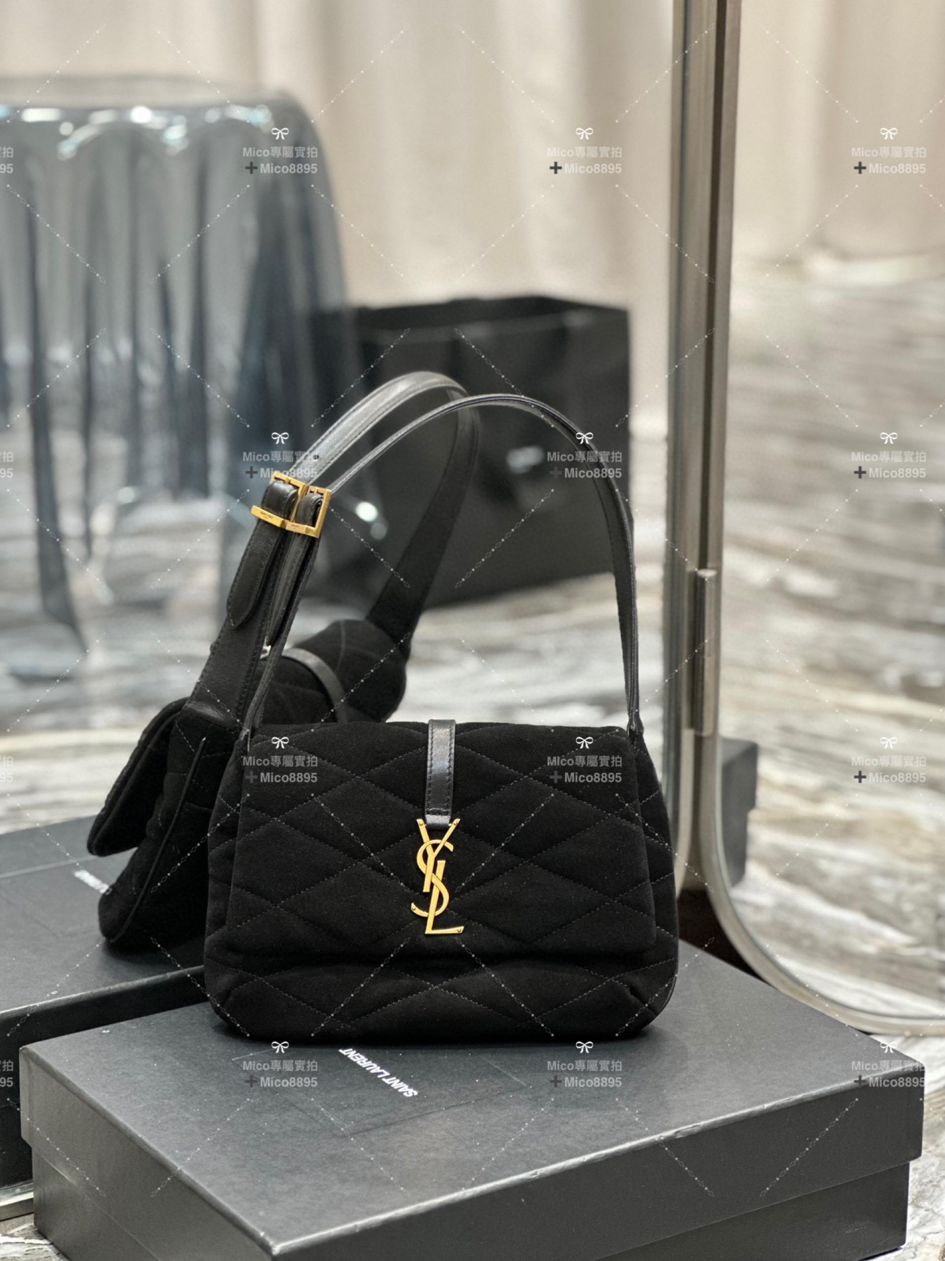 YSL Saint Laurent LE 57系列 布面黑拼內裡小羊皮 絎縫腋下包/肩背包 24cm