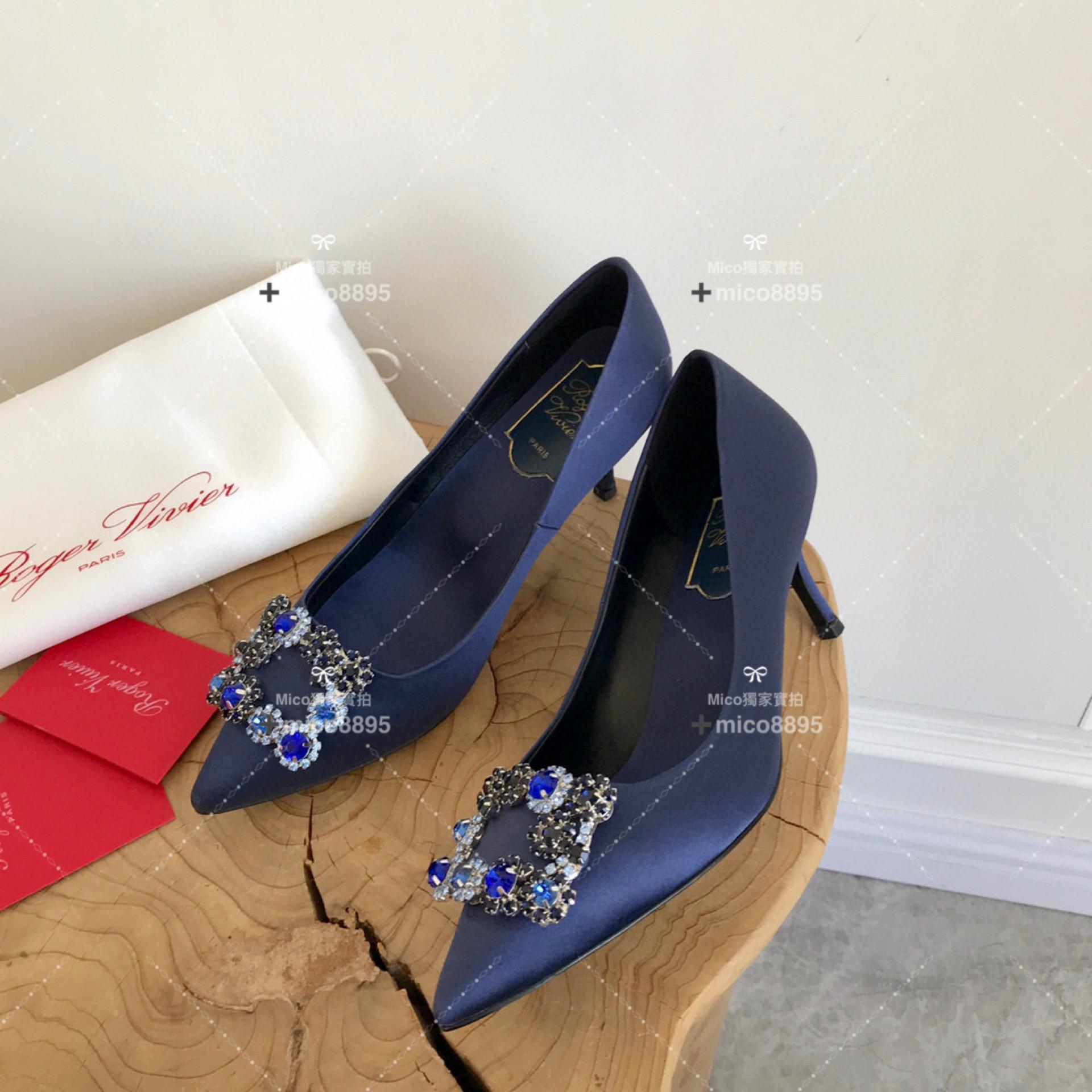 Roger Vivier RV 深藍真絲 經典雪花釦真絲高跟鞋 婚鞋 中跟款6.5cm 35-39 （另有10公分跟高可訂製）