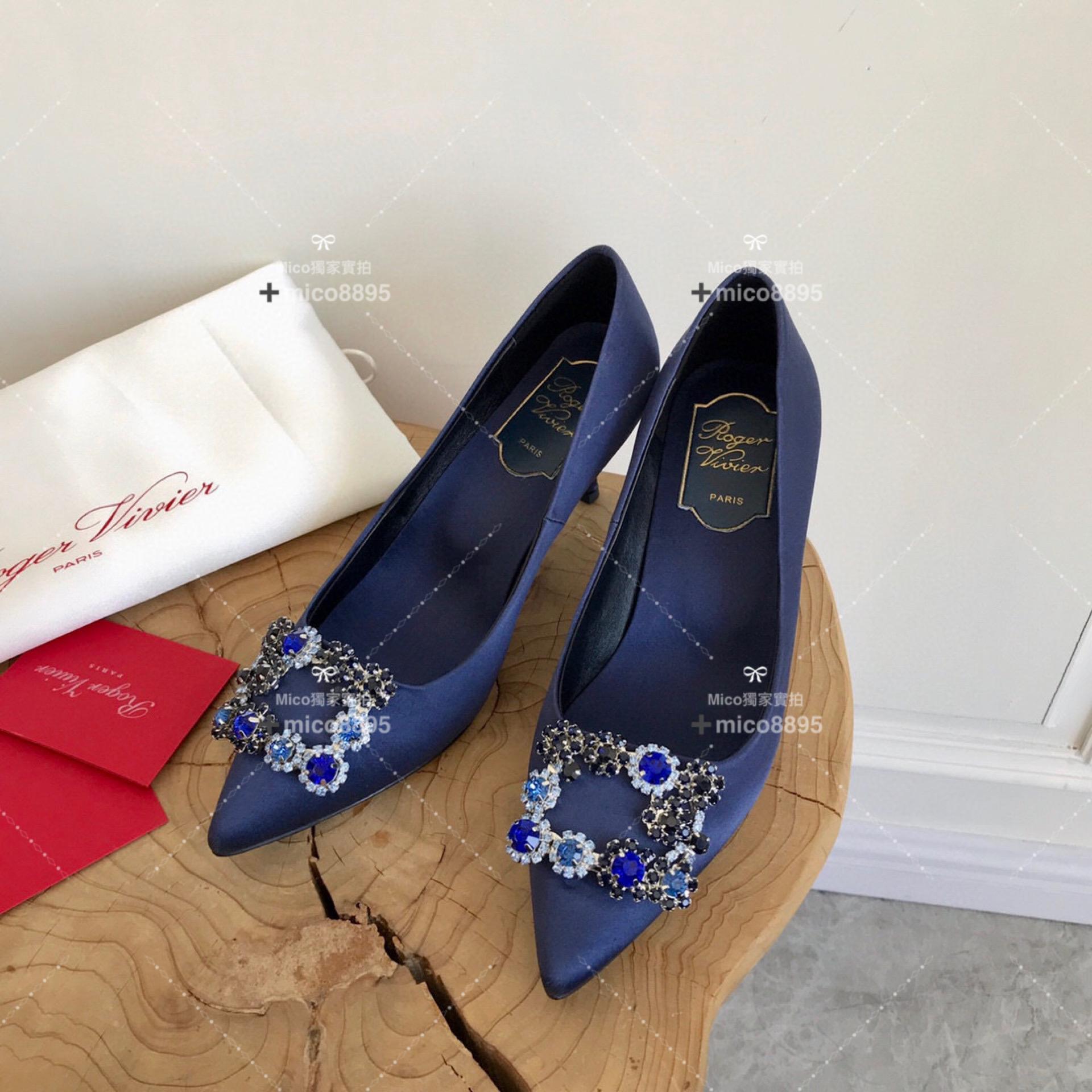 Roger Vivier RV 深藍真絲 經典雪花釦真絲高跟鞋 婚鞋 中跟款6.5cm 35-39 （另有10公分跟高可訂製）