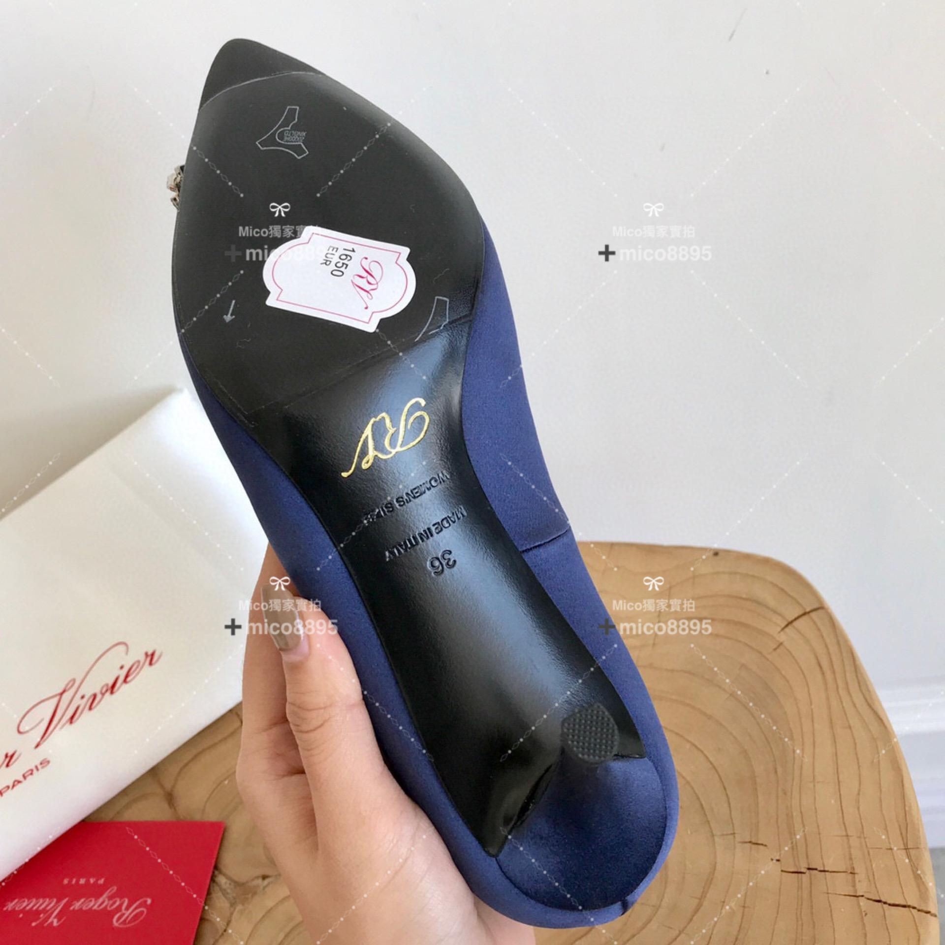 Roger Vivier RV 深藍真絲 經典雪花釦真絲高跟鞋 婚鞋 中跟款6.5cm 35-39 （另有10公分跟高可訂製）