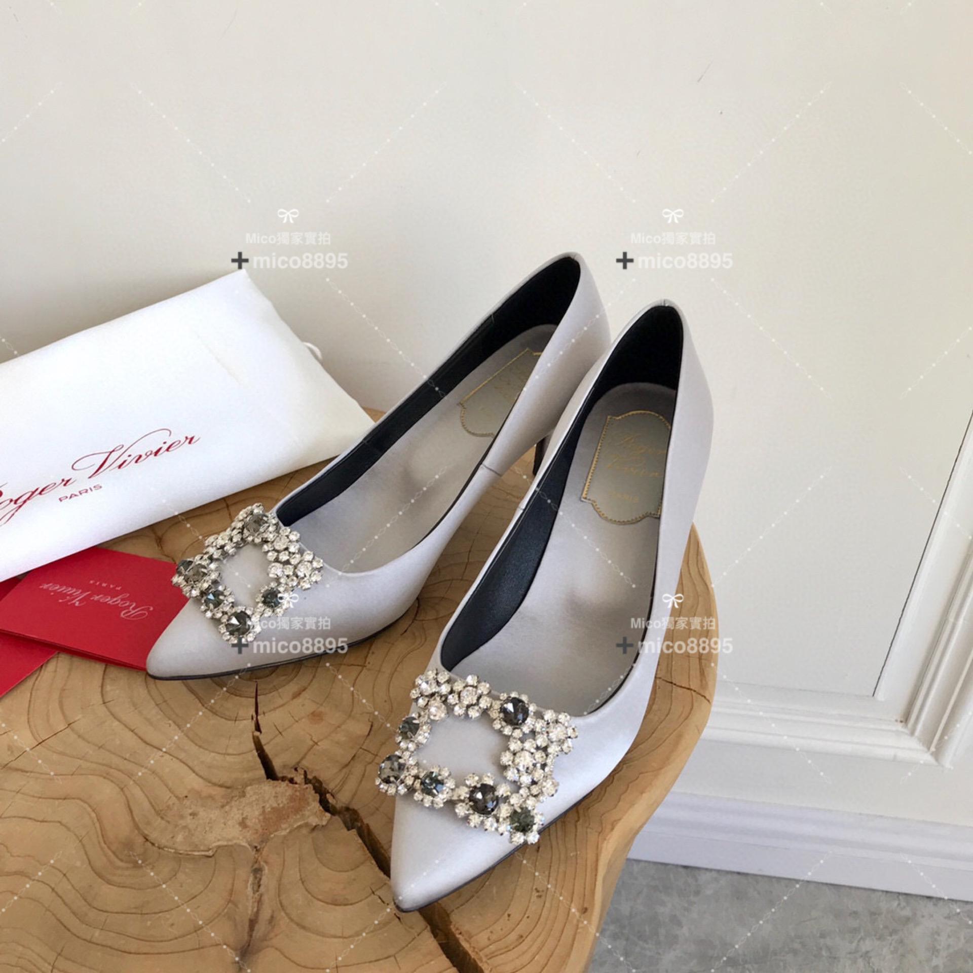 Roger Vivier RV 銀灰色真絲 經典雪花釦真絲高跟鞋 婚鞋 中跟款6.5cm 35-39 （另有10公分跟高可訂製）