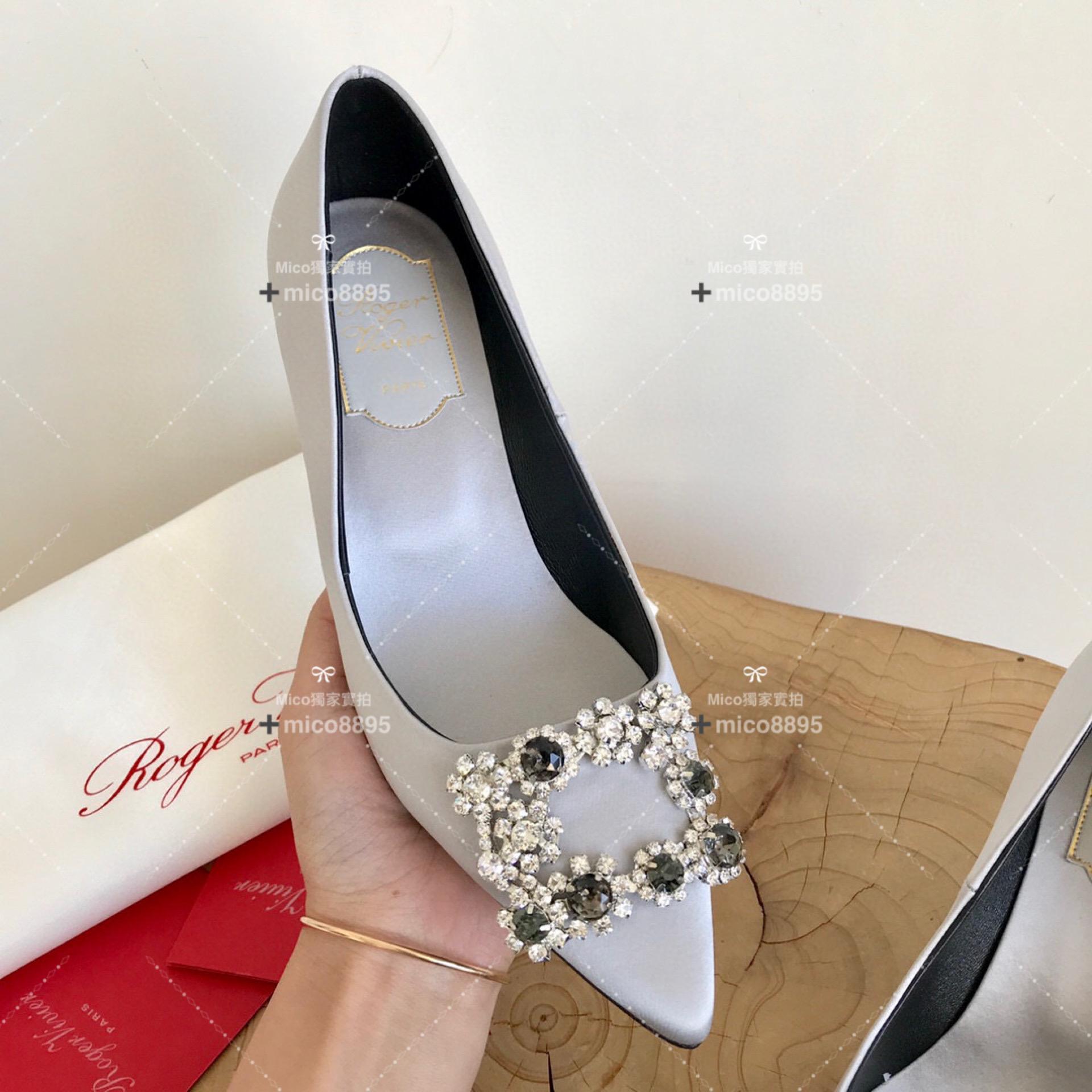 Roger Vivier RV 銀灰色真絲 經典雪花釦真絲高跟鞋 婚鞋 中跟款6.5cm 35-39 （另有10公分跟高可訂製）